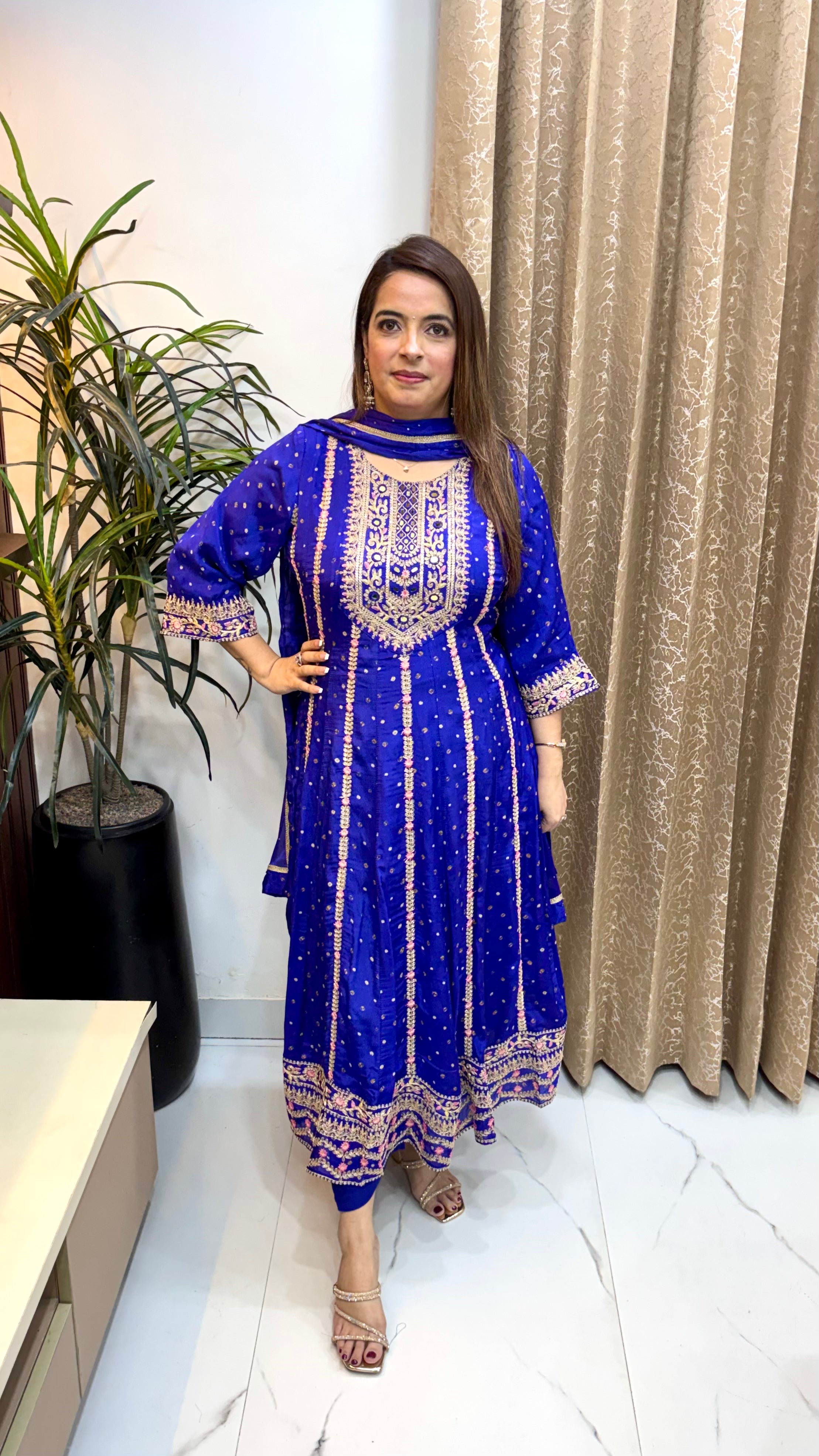 Pure Chinon Bandhani Print Anarkali Suit with Zardozi, Mirror Work & Block Printed Dupatta