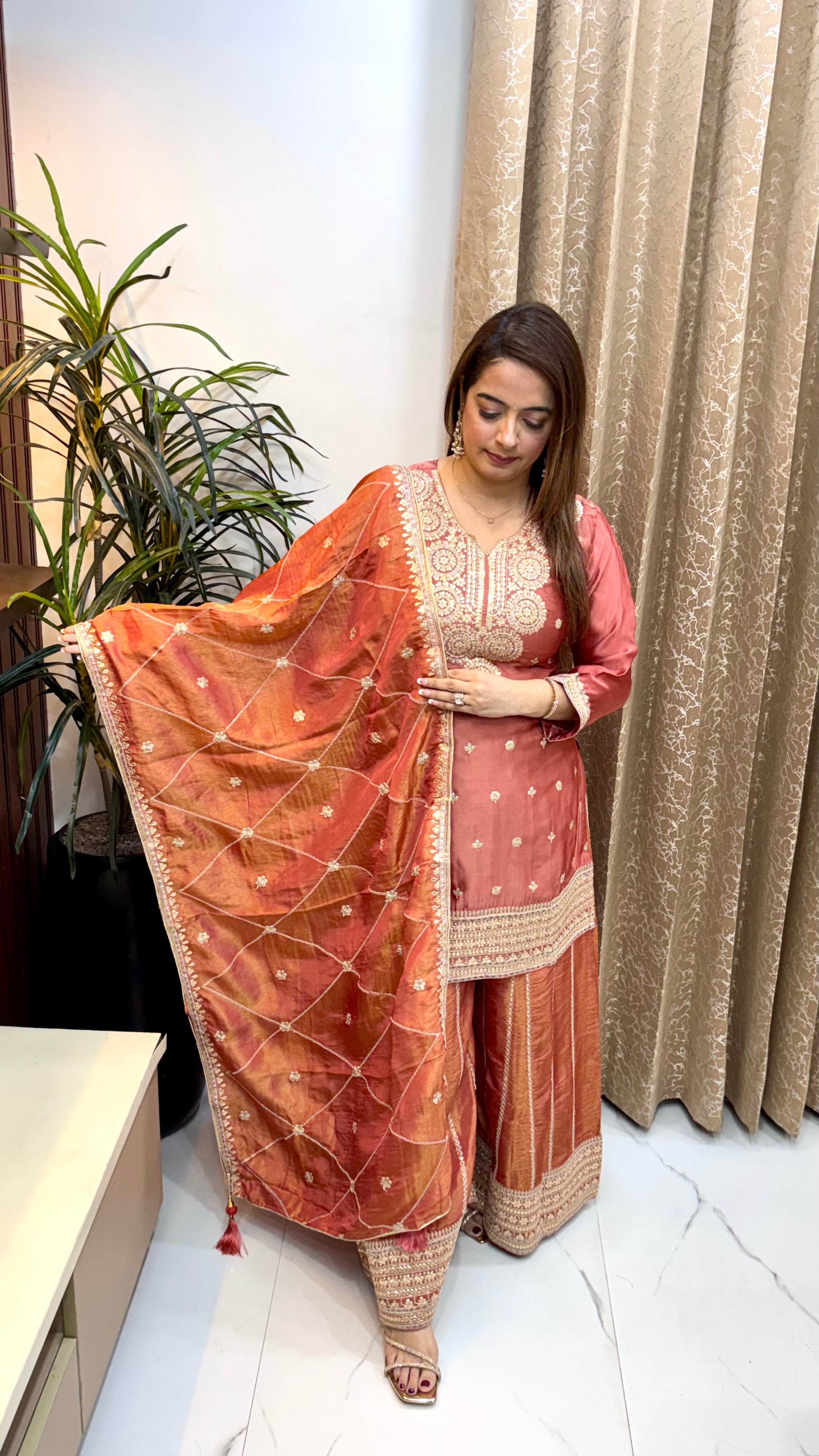 Paper Silk Suit with Leather Patchwork, Heavy Embroidery & Embroidered Divider