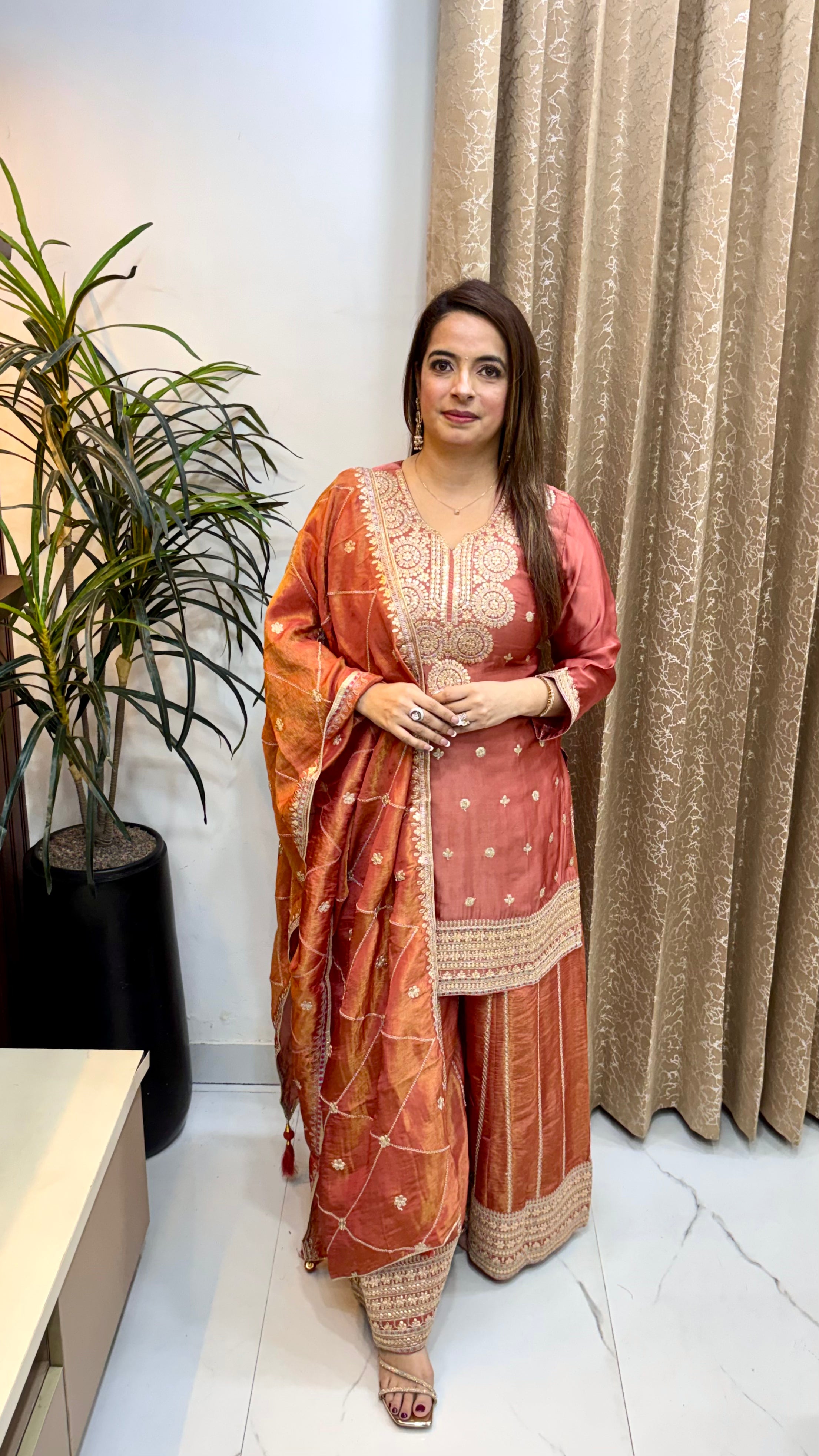 Paper Silk Suit with Leather Patchwork, Heavy Embroidery & Embroidered Divider