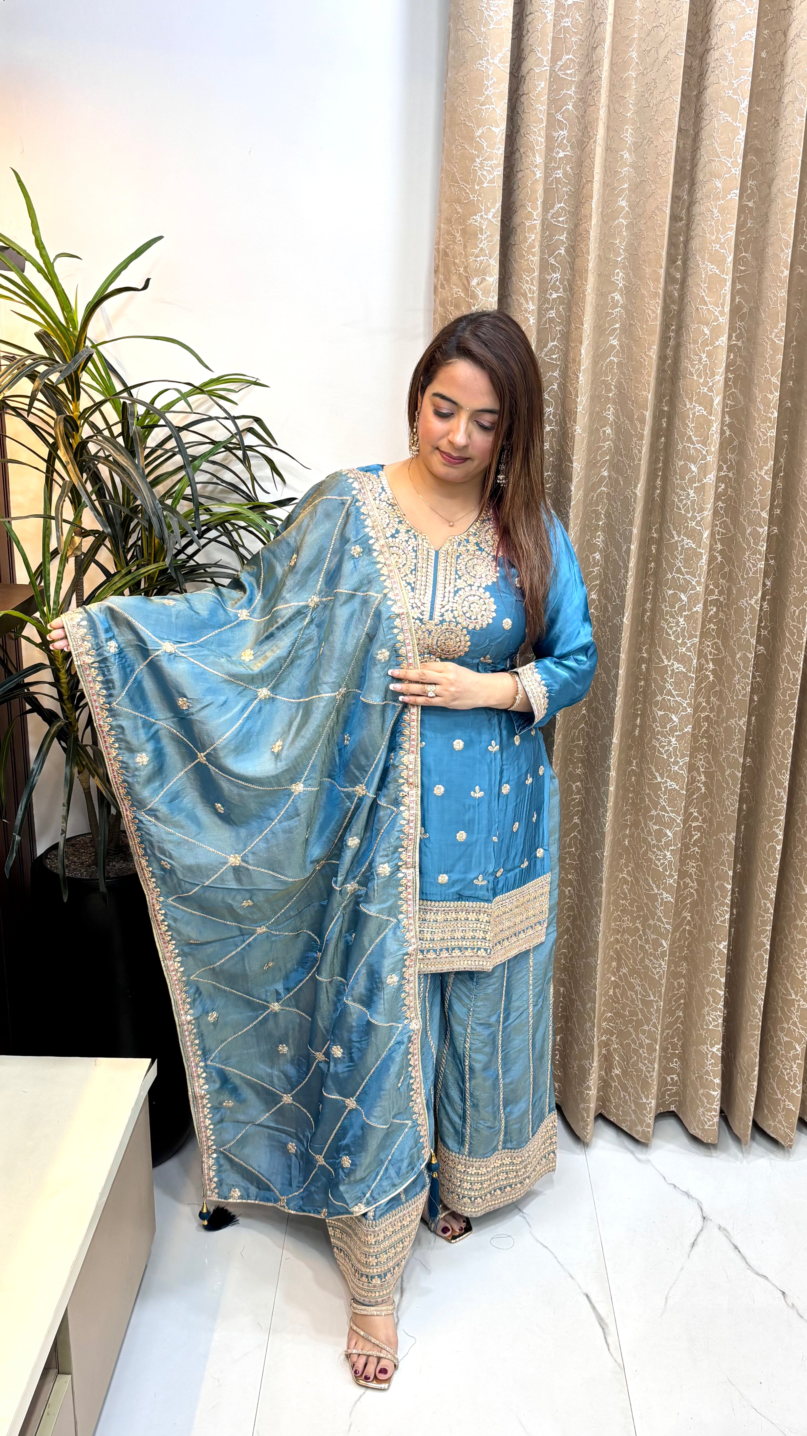 Paper Silk Suit with Leather Patchwork, Heavy Embroidery & Embroidered Divider