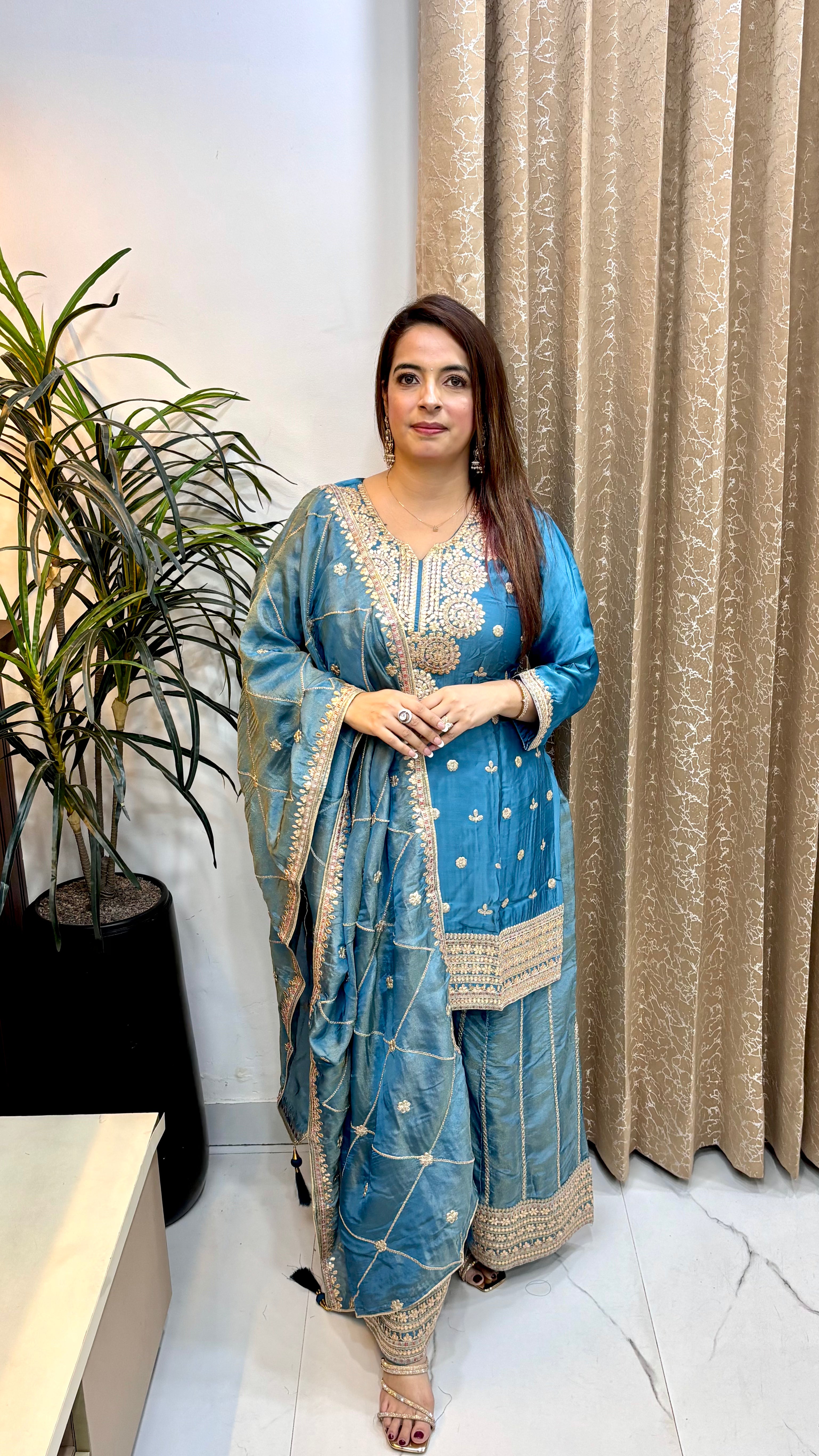 Paper Silk Suit with Leather Patchwork, Heavy Embroidery & Embroidered Divider