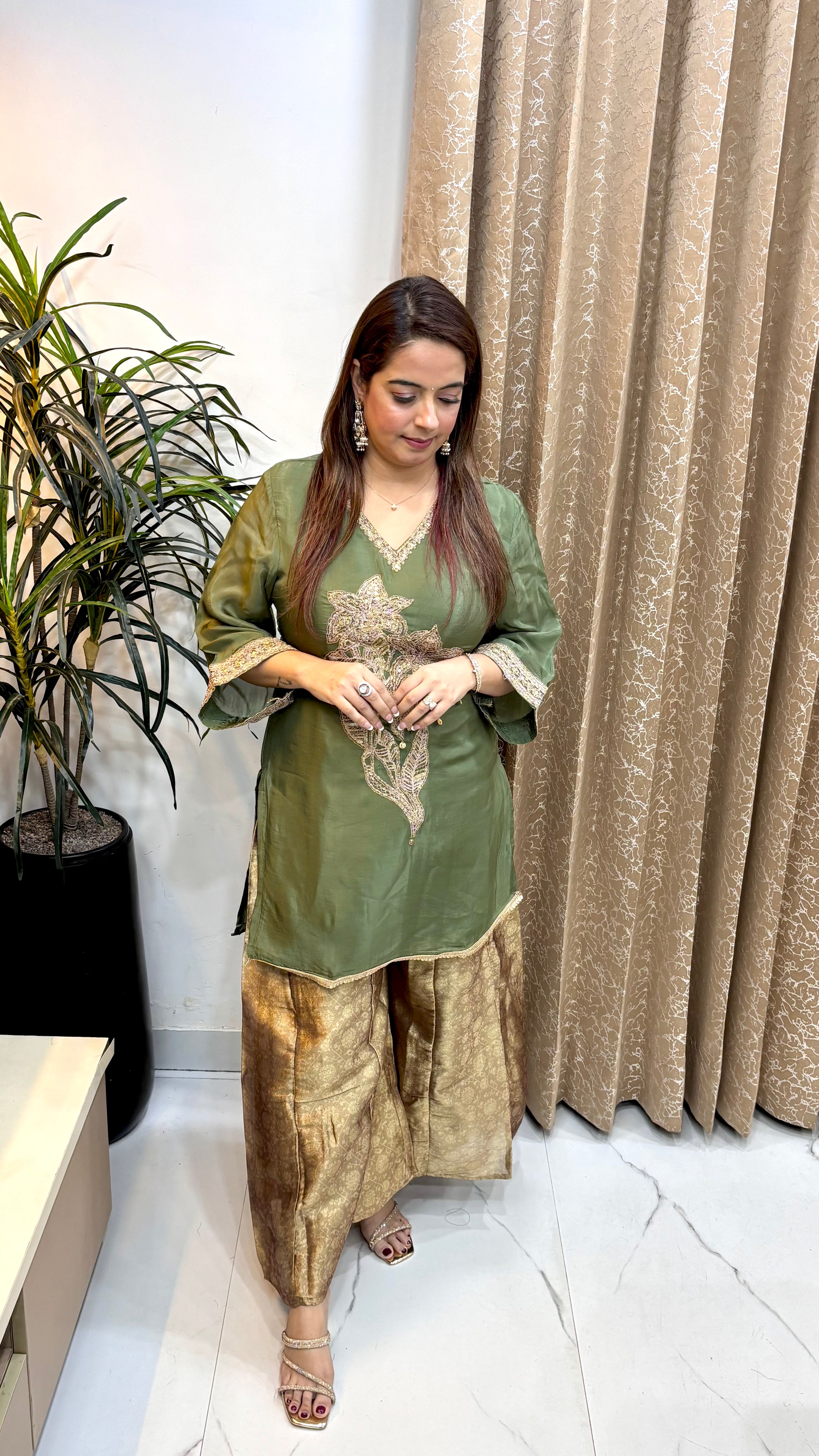 Natural Crepe Co-ord Set with Zari, Zardozi Work & Golden Bellbottoms