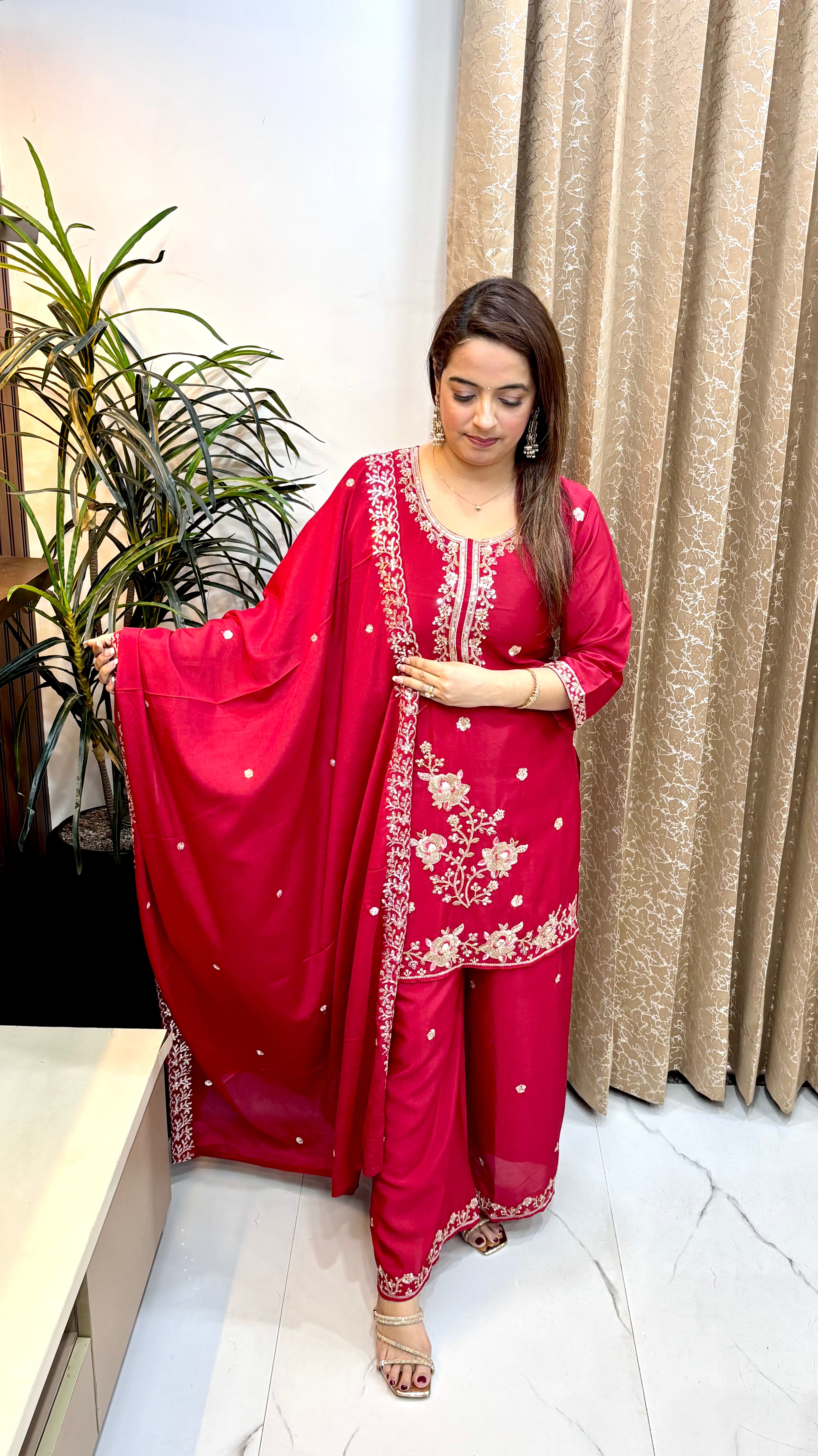 Pure Chinon Suit with Heavy Embroidery Work & Chinon Divider