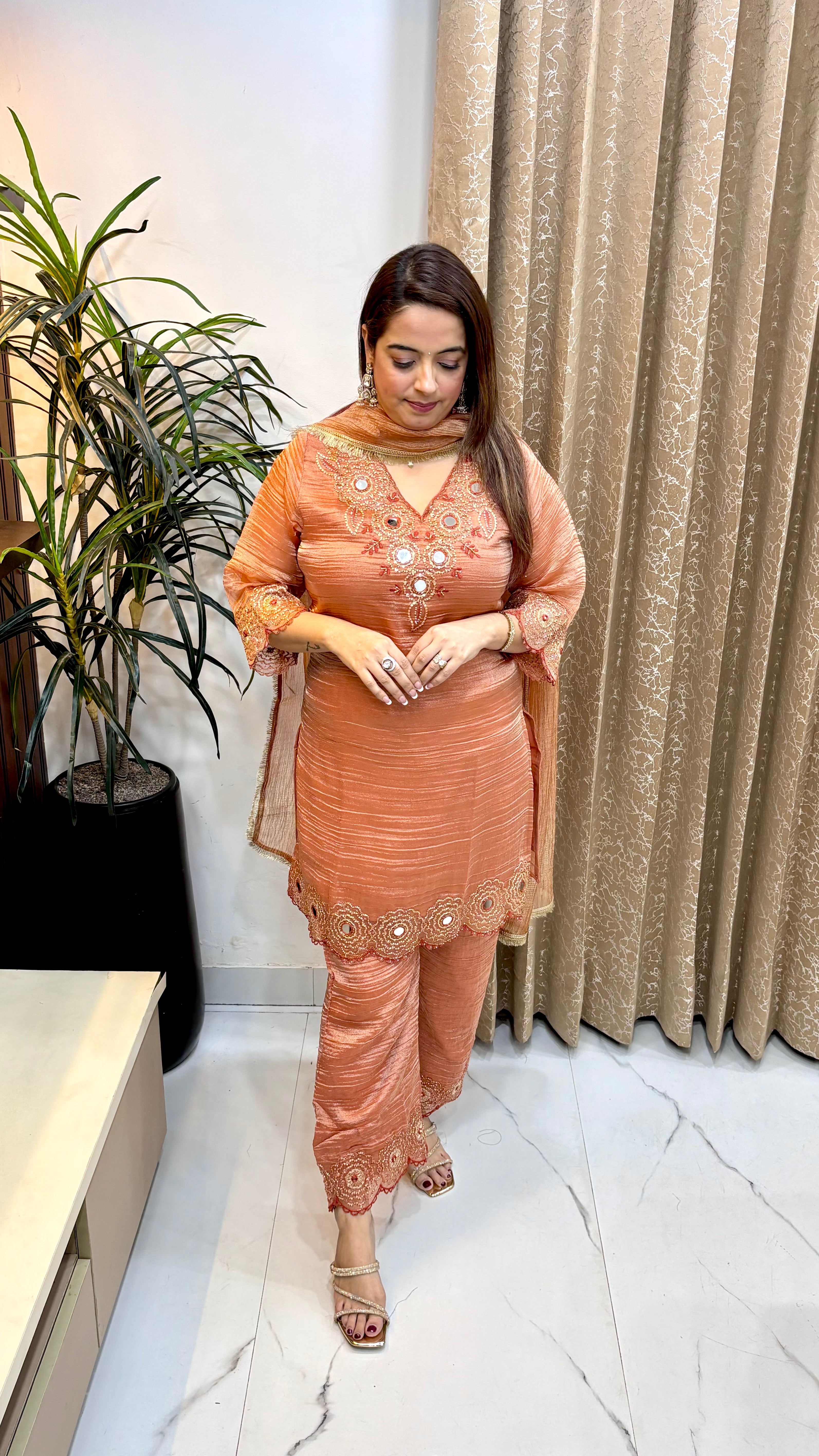 Organza Shimmer Suit with Real Mirror Work, Cutwork & Golden Zari Dupatta
