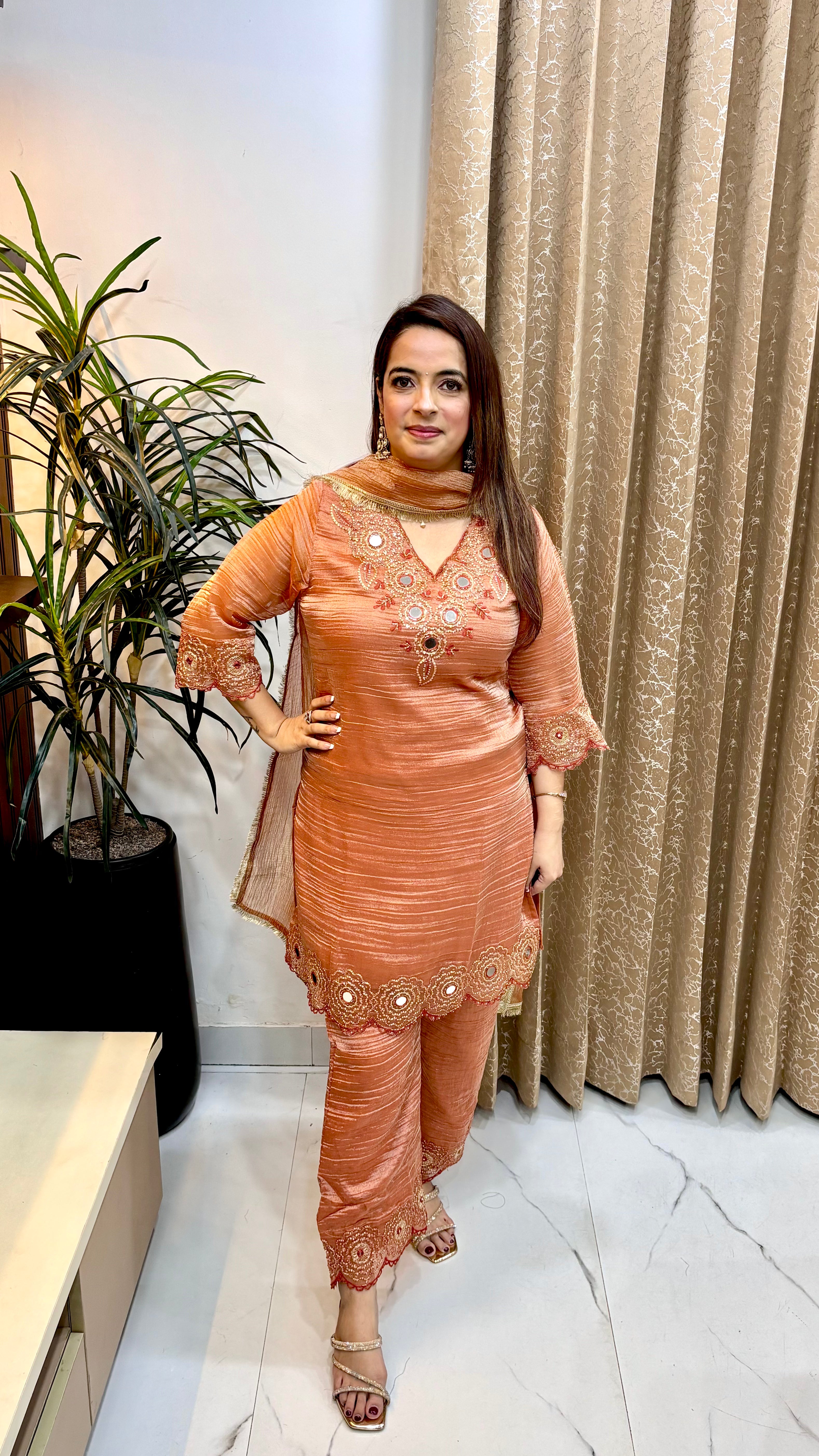 Organza Shimmer Suit with Real Mirror Work, Cutwork & Golden Zari Dupatta