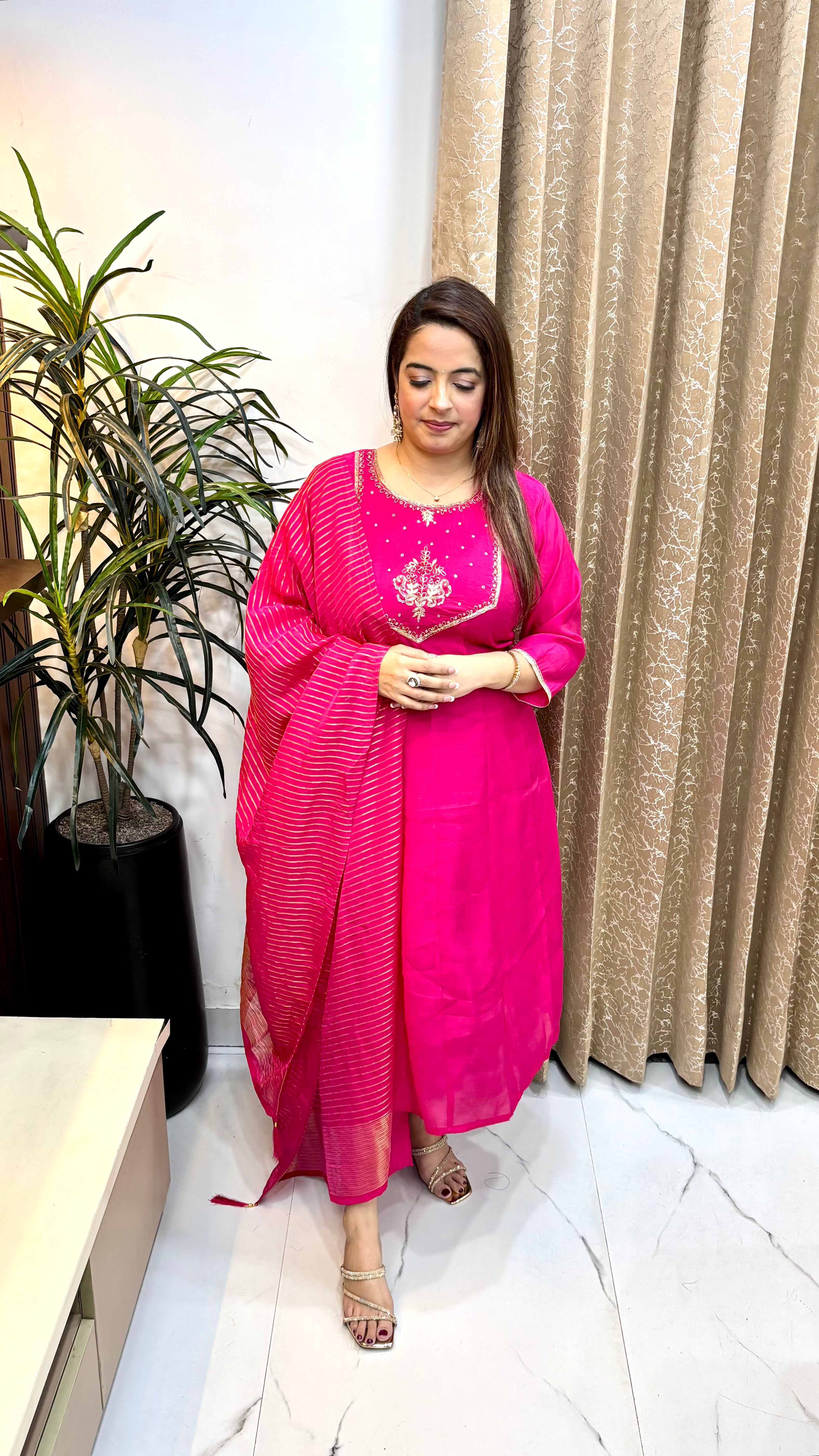 Pure Mul Chanderi Kalidar Suit with Dabka Work & Lagdi Patta Organza Shimmer Dupatta