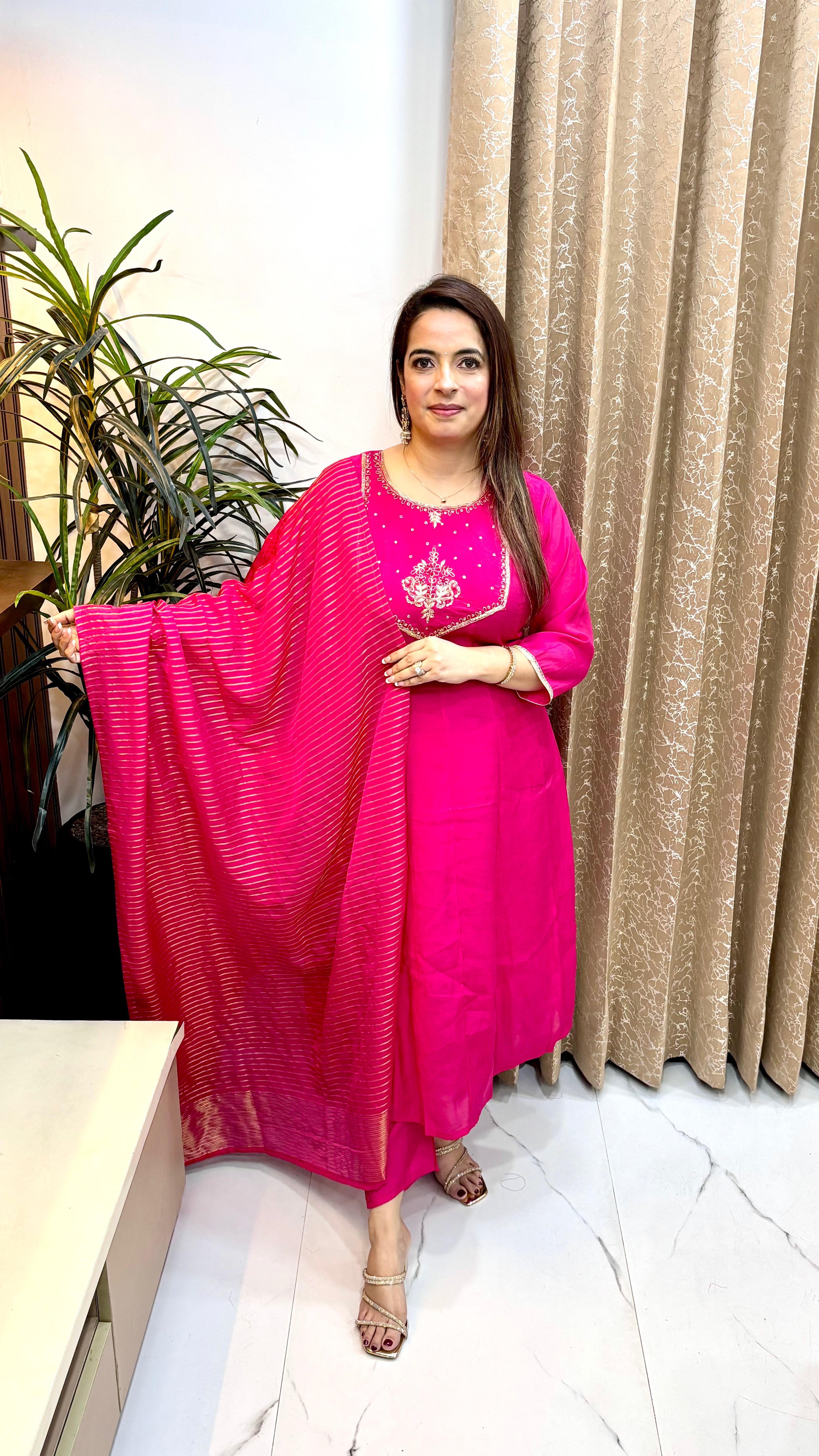 Pure Mul Chanderi Kalidar Suit with Dabka Work & Lagdi Patta Organza Shimmer Dupatta