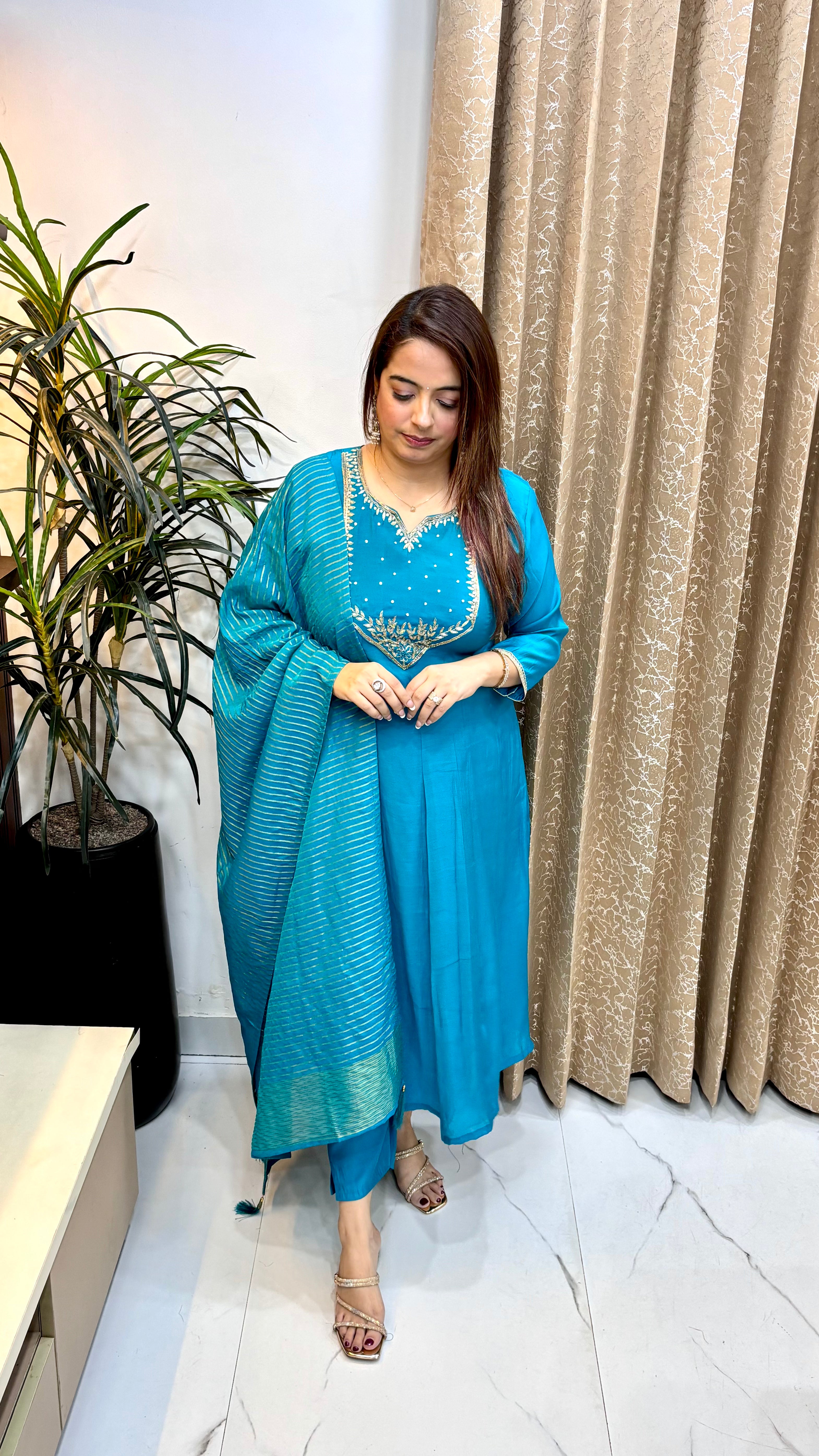 Pure Mul Chanderi Kalidar Suit with Dabka Work & Lagdi Patta Organza Shimmer Dupatta
