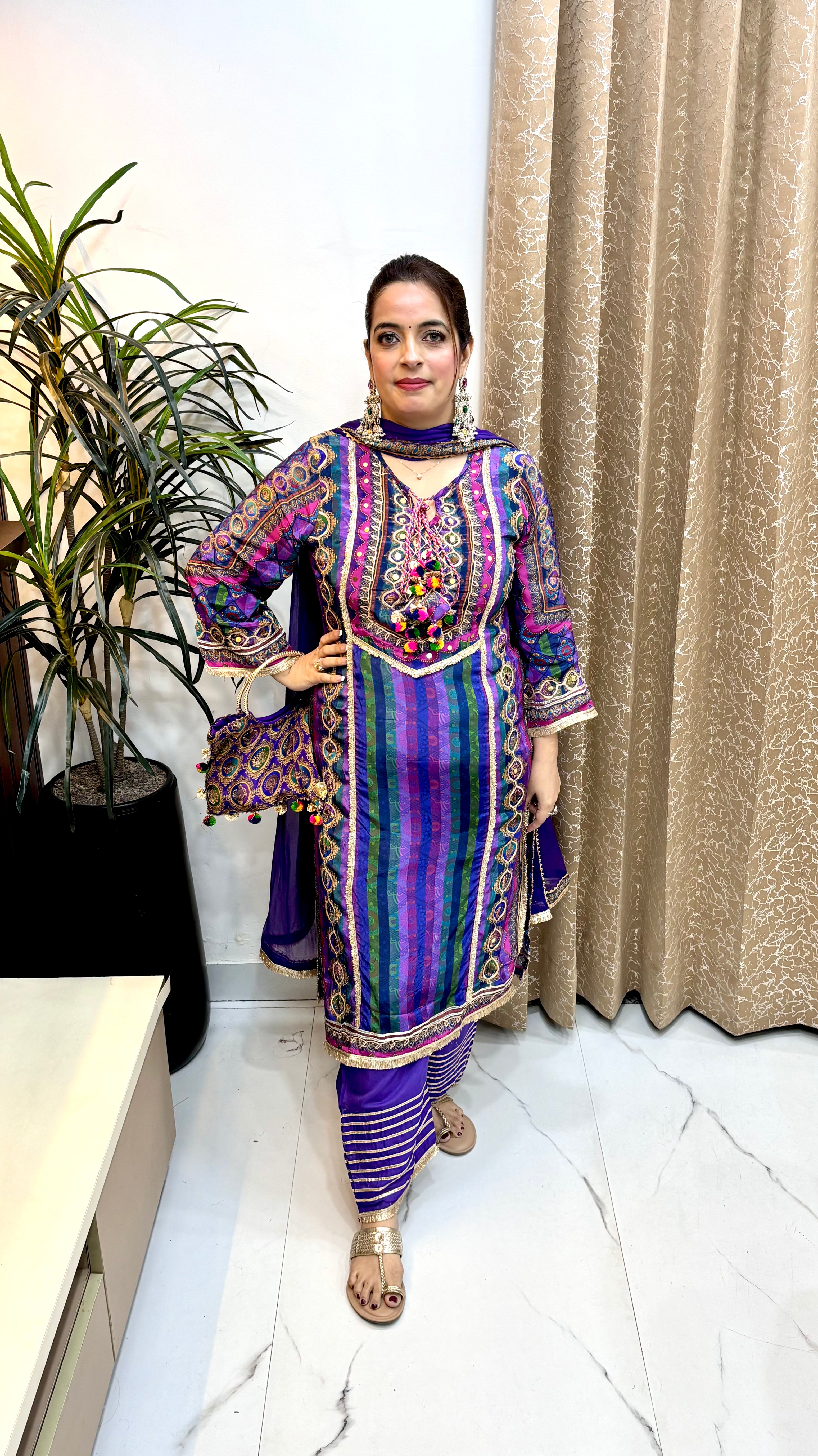 Pure Russian Crepe Pakistani Style Suit with Farshi Salwar & Free Designer Handbag