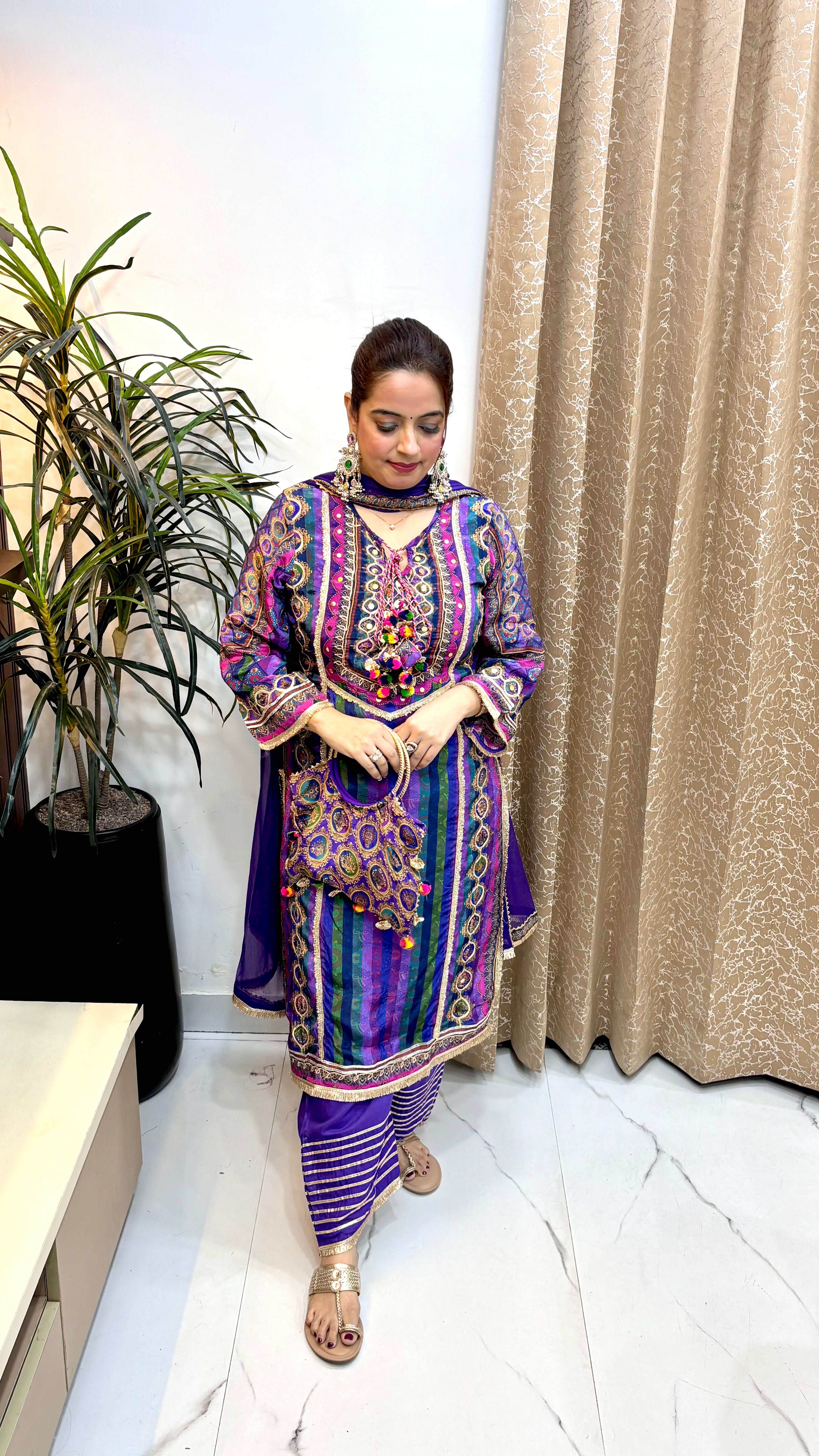 Pure Russian Crepe Pakistani Style Suit with Farshi Salwar & Free Designer Handbag