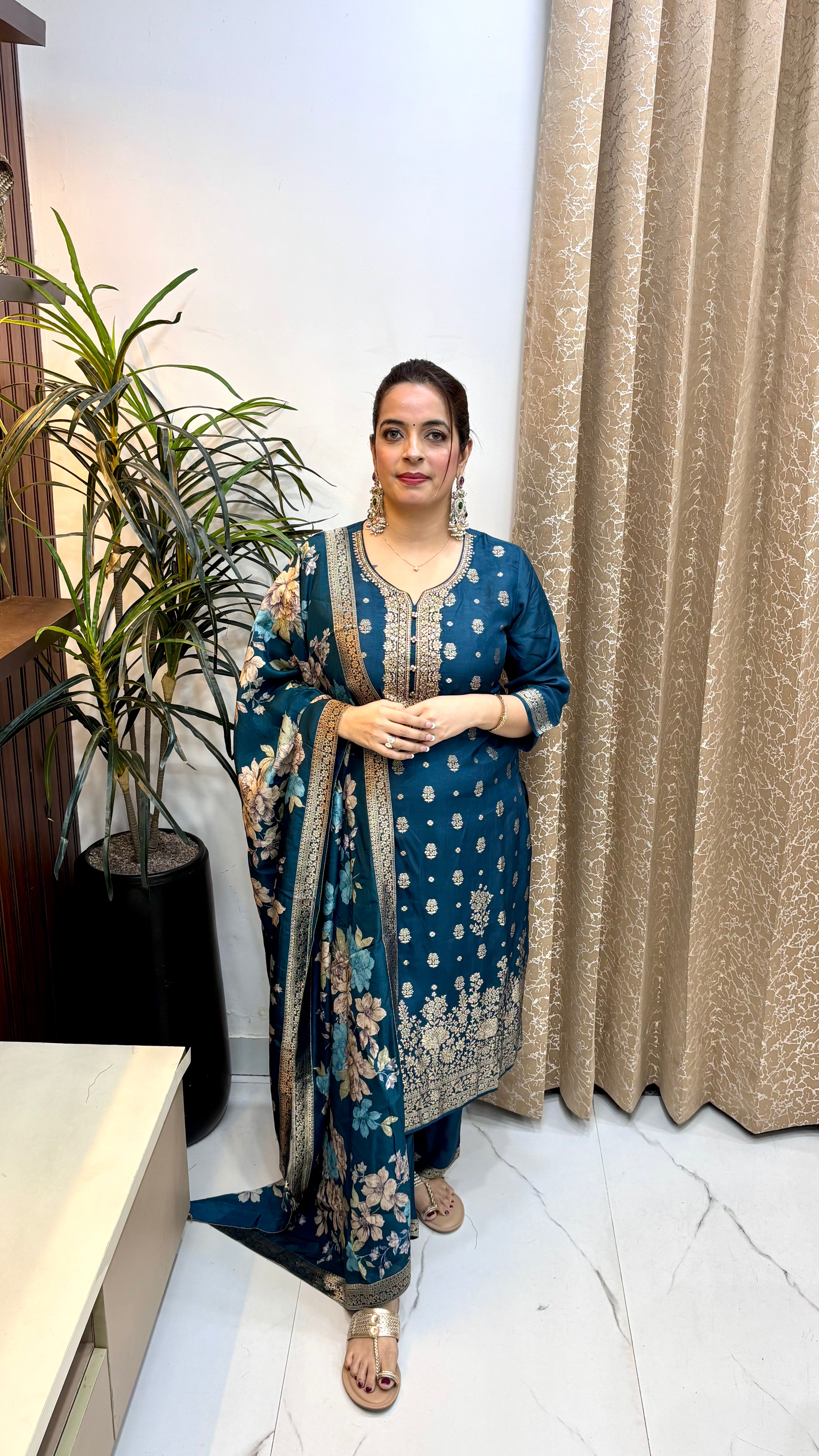 Pure Banarasi Silk Suit with Zari Neckline, Floral Banarasi Dupatta & Shantoon Bottoms