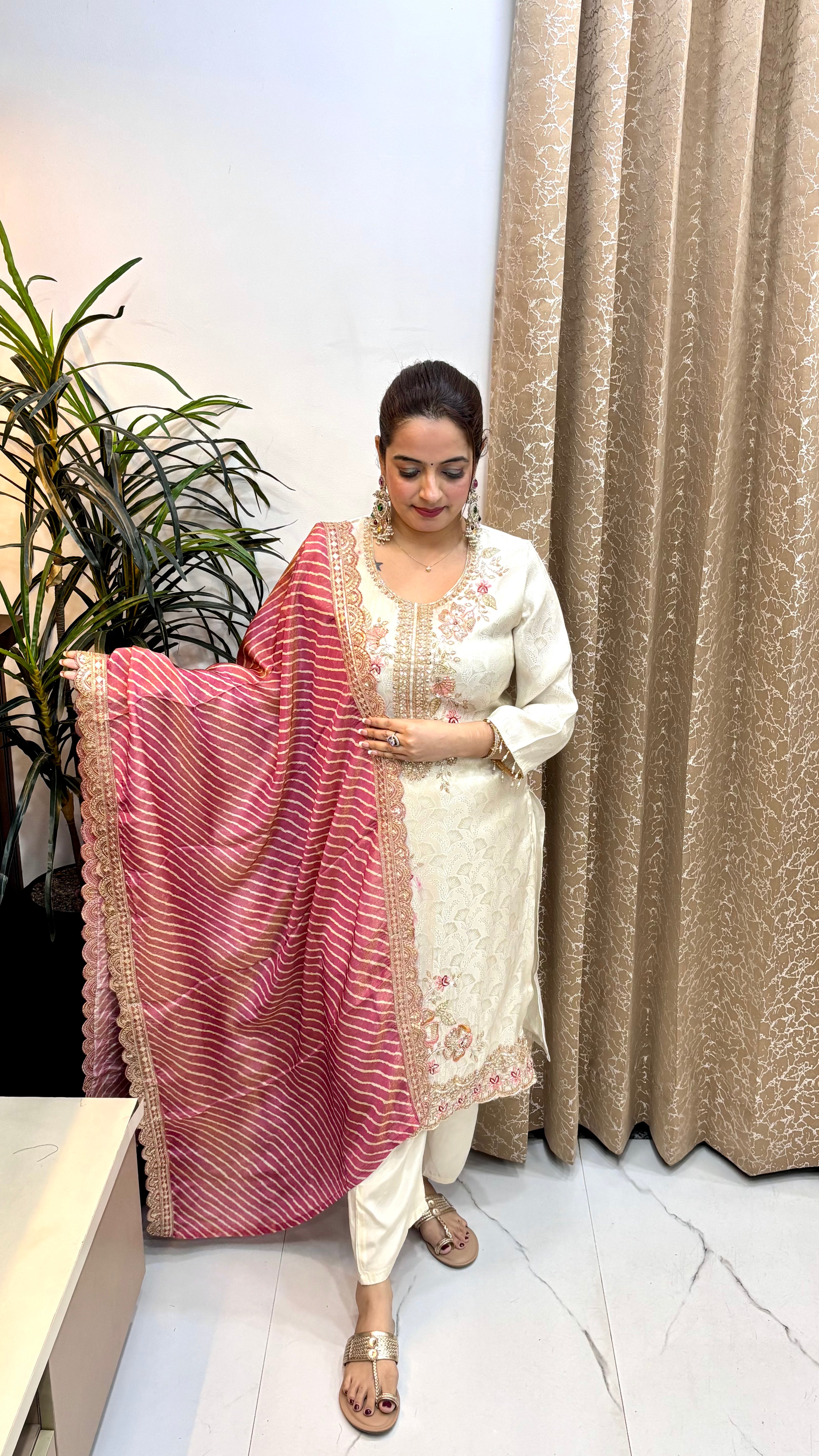 Banarasi Paper Silk Suit with Zari, Cutdana, Pearl Hangings & Leheriya Organza Dupatta