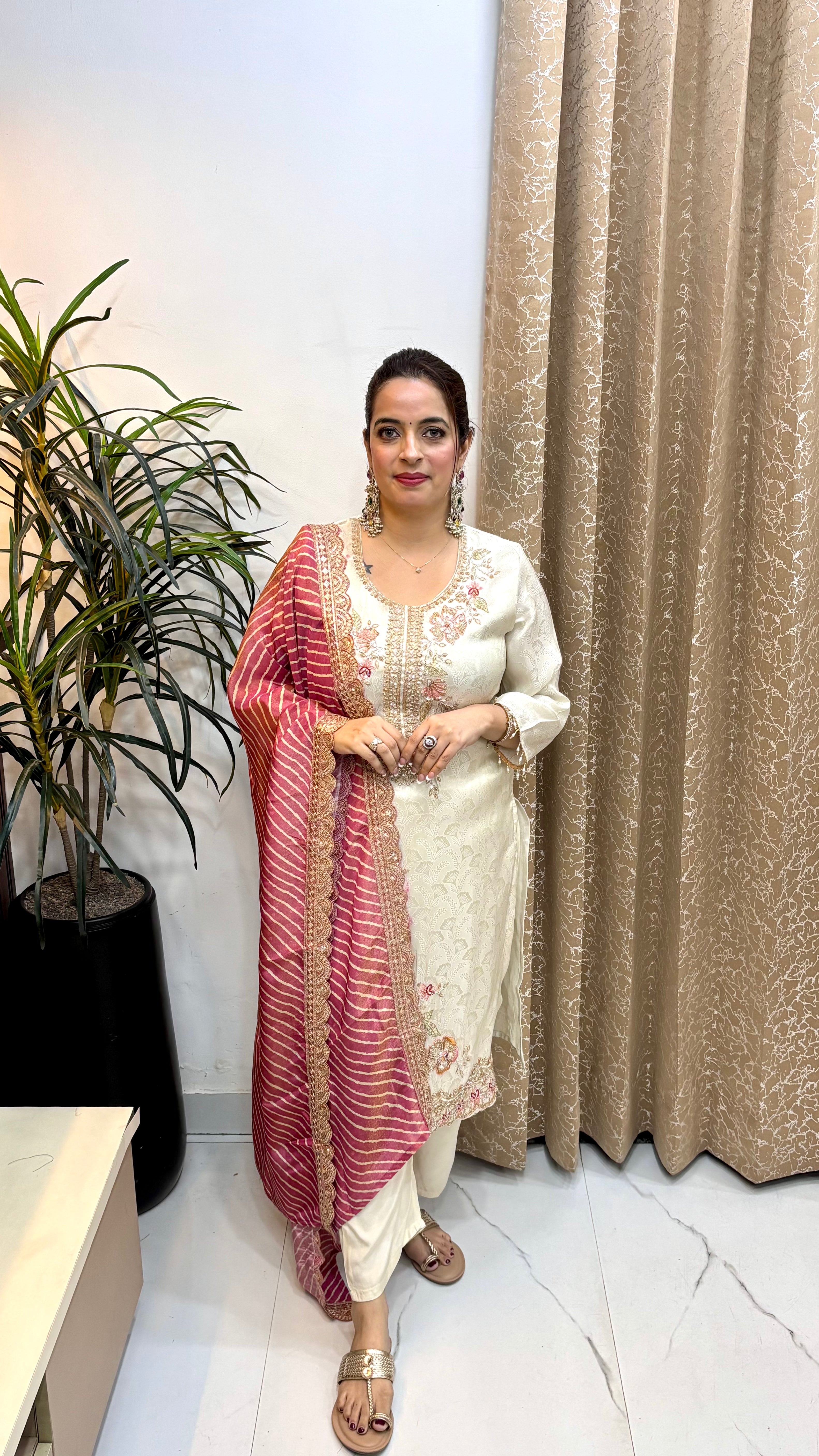 Banarasi Paper Silk Suit with Zari, Cutdana, Pearl Hangings & Leheriya Organza Dupatta