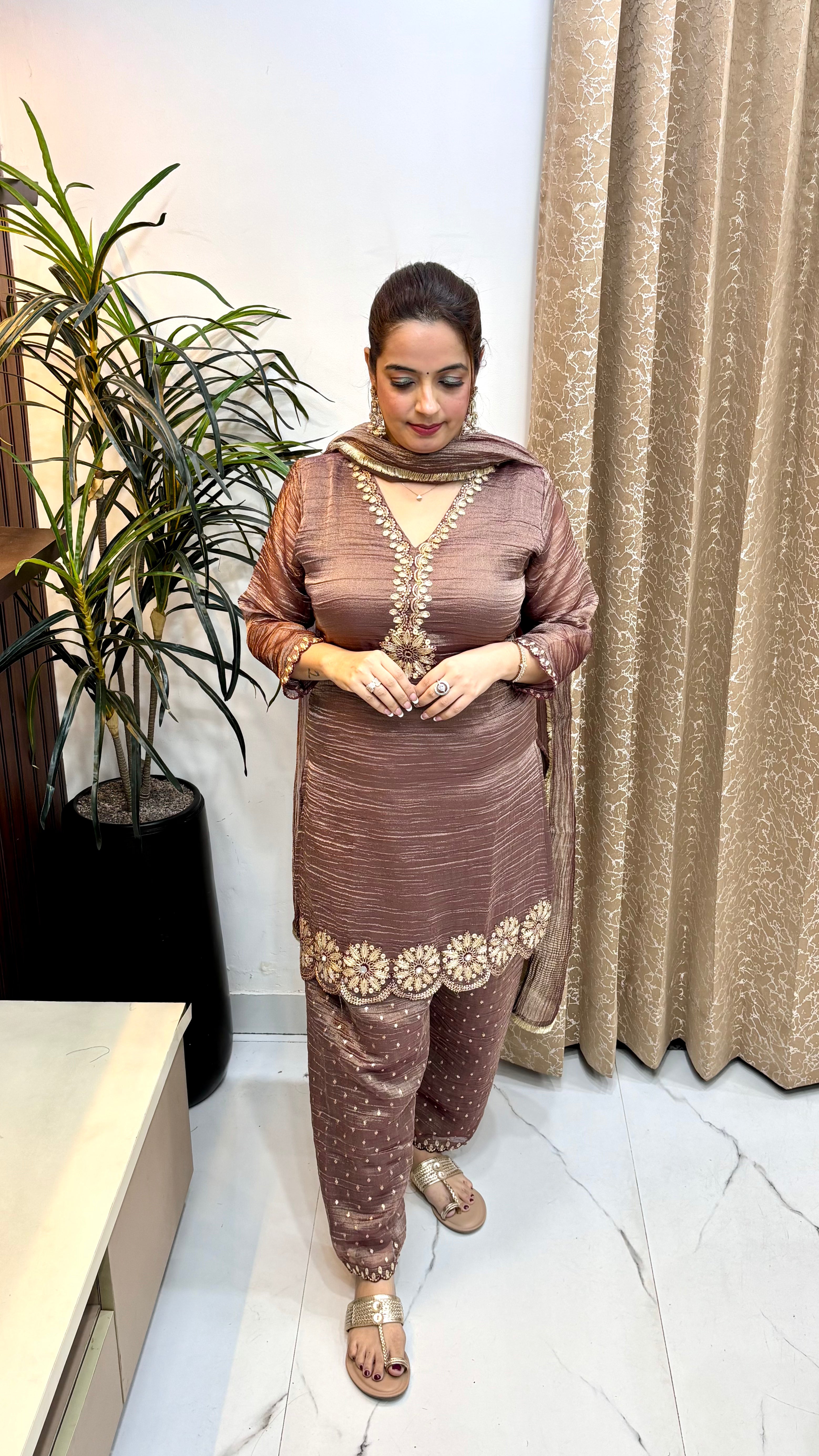 Crushed Organza Shimmer Suit with Real Mirror, Zari & Banarasi Crushed Bottoms