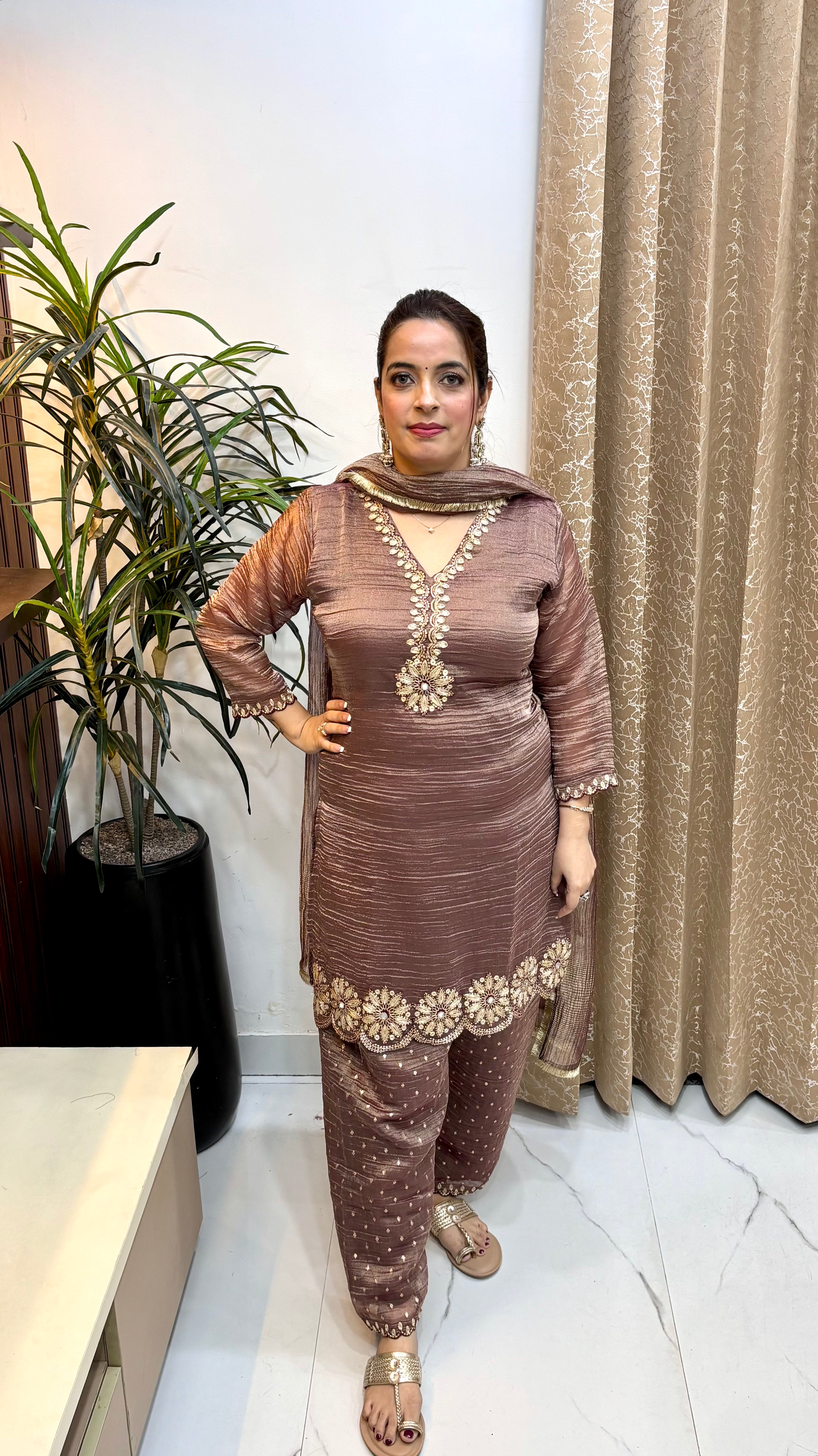 Crushed Organza Shimmer Suit with Real Mirror, Zari & Banarasi Crushed Bottoms