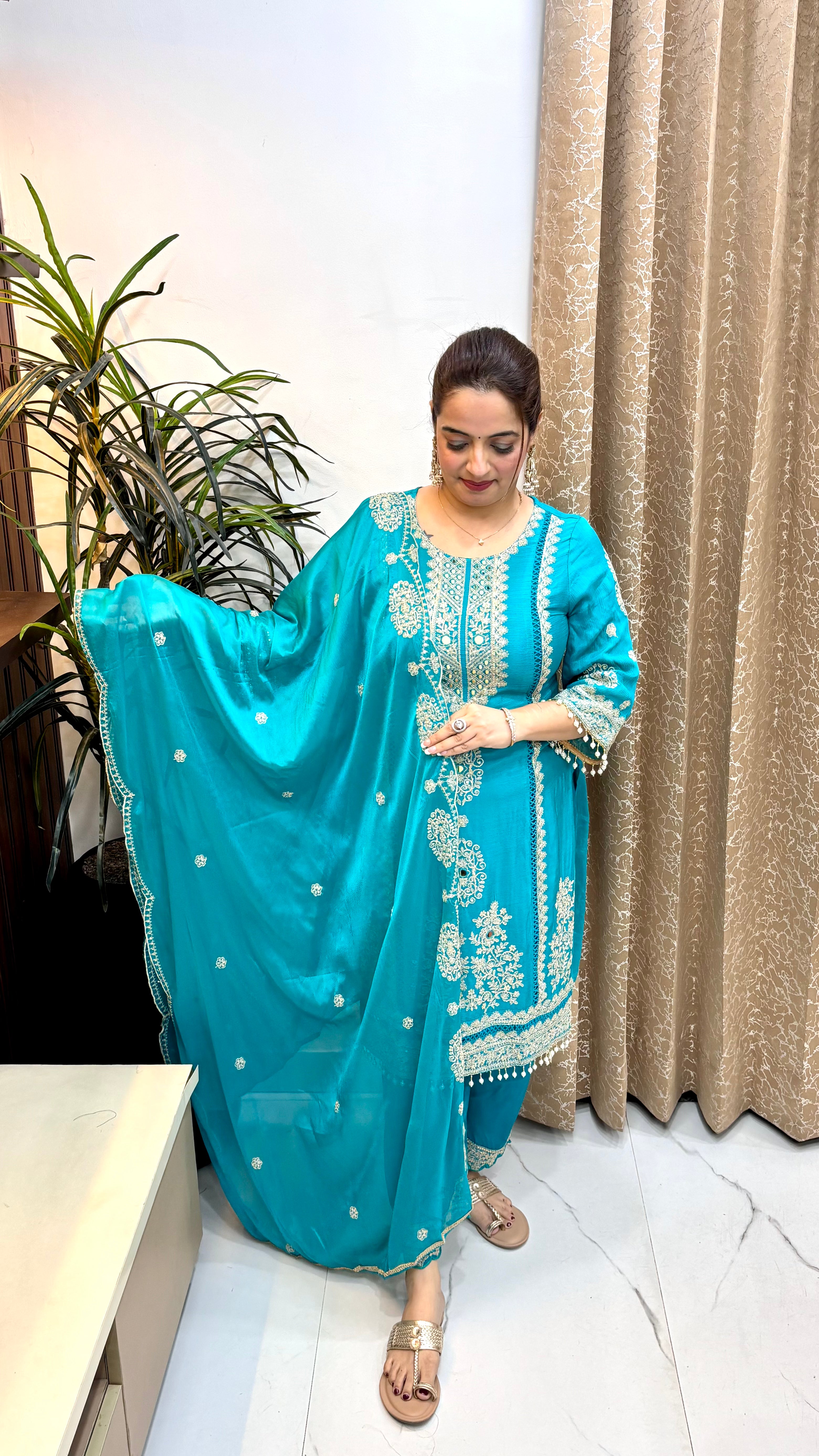 Pure Chinon Suit with Real Mirror, Zari, Pearl Crochet Lace & Cutwork Dupatta
