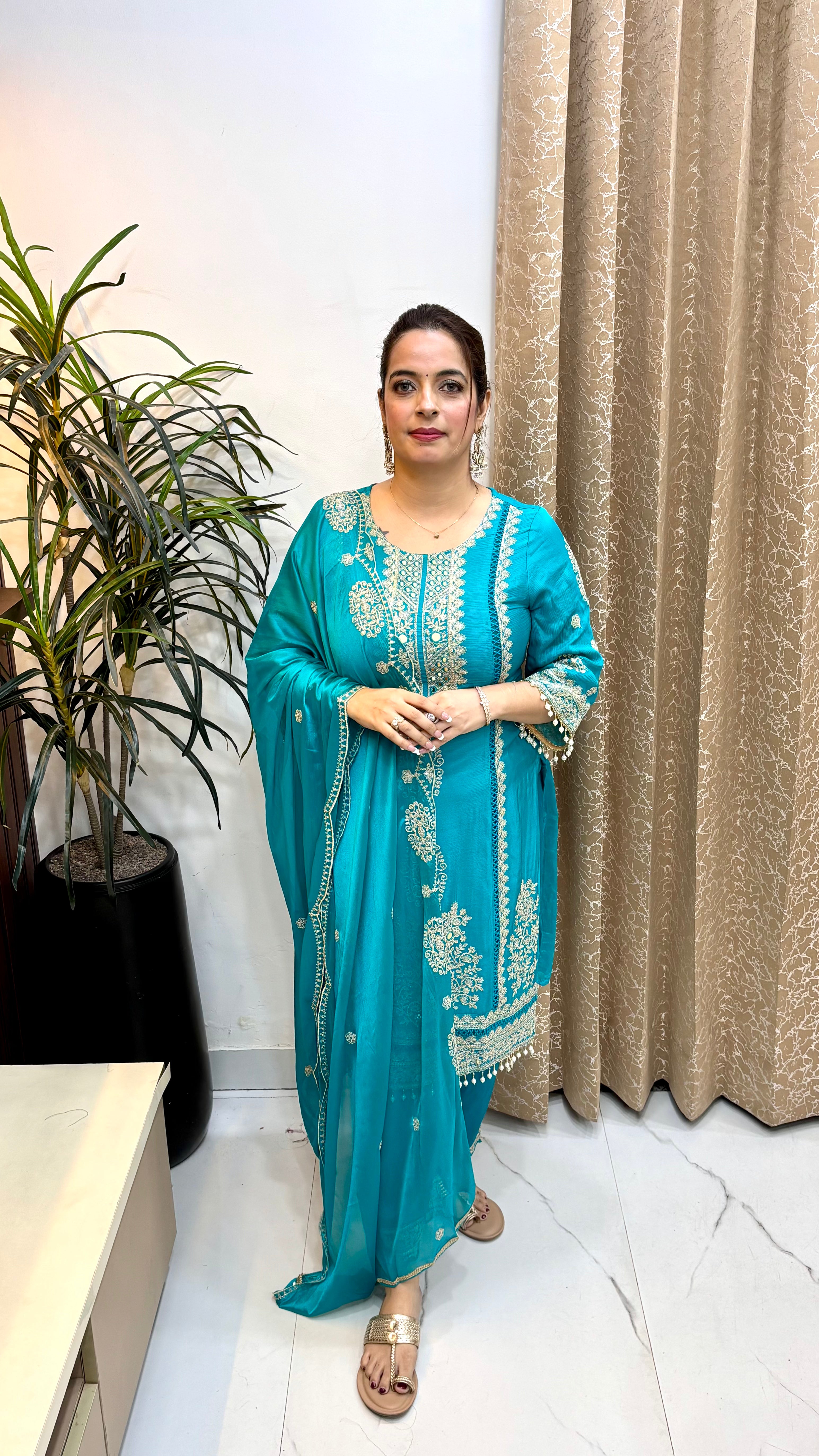 Pure Chinon Suit with Real Mirror, Zari, Pearl Crochet Lace & Cutwork Dupatta