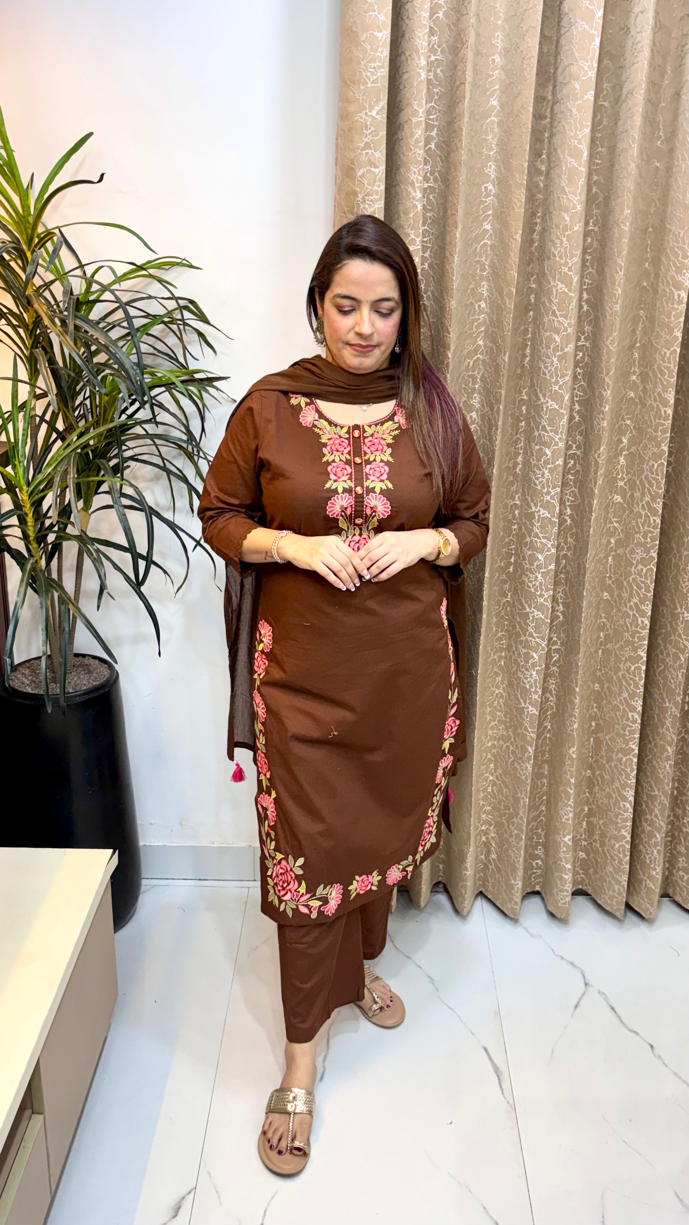 Pure Cotton Embroidered Suit with Mulmul Cotton Dupatta & Pocket Pants
