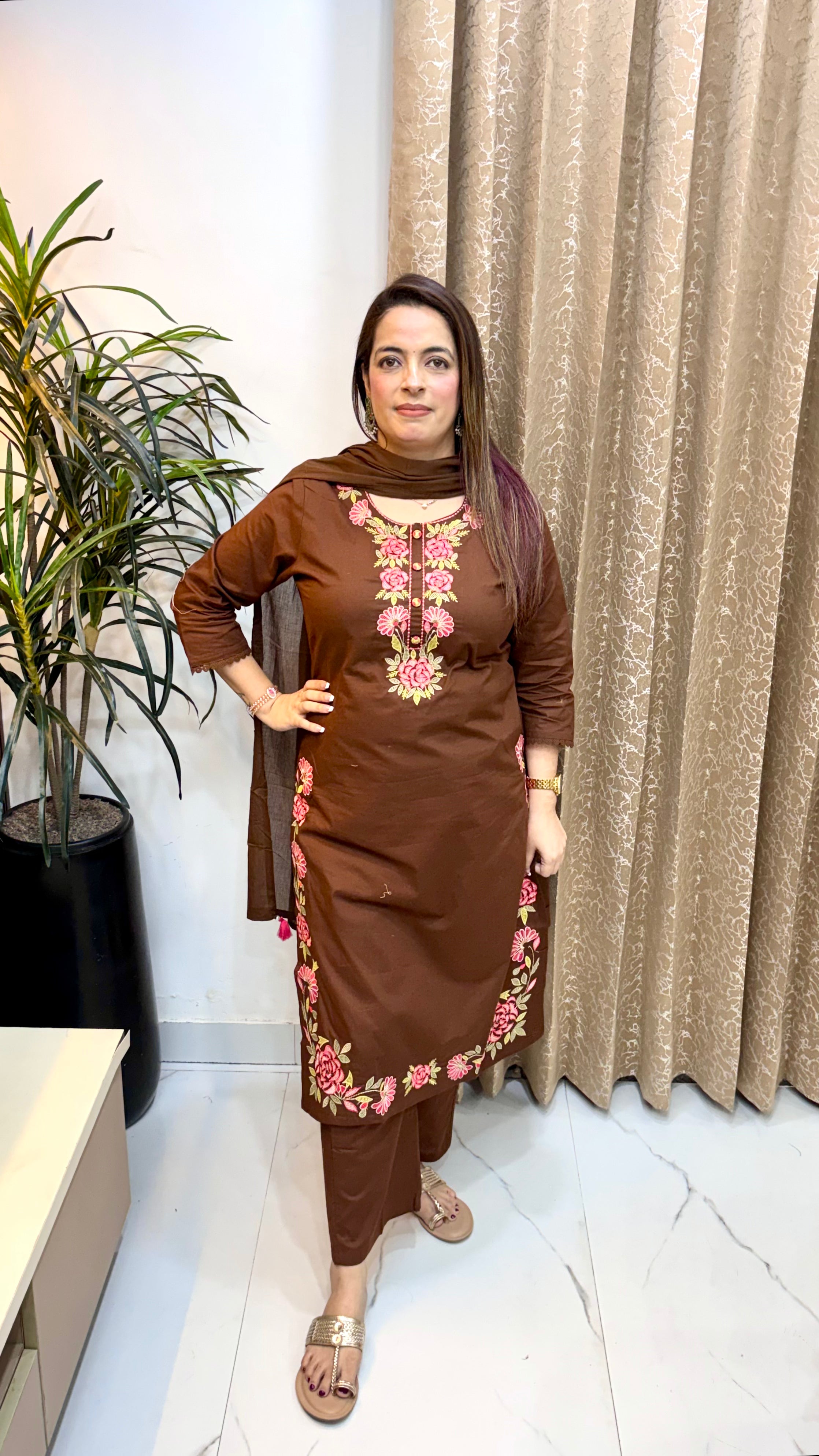 Pure Cotton Embroidered Suit with Mulmul Cotton Dupatta & Pocket Pants