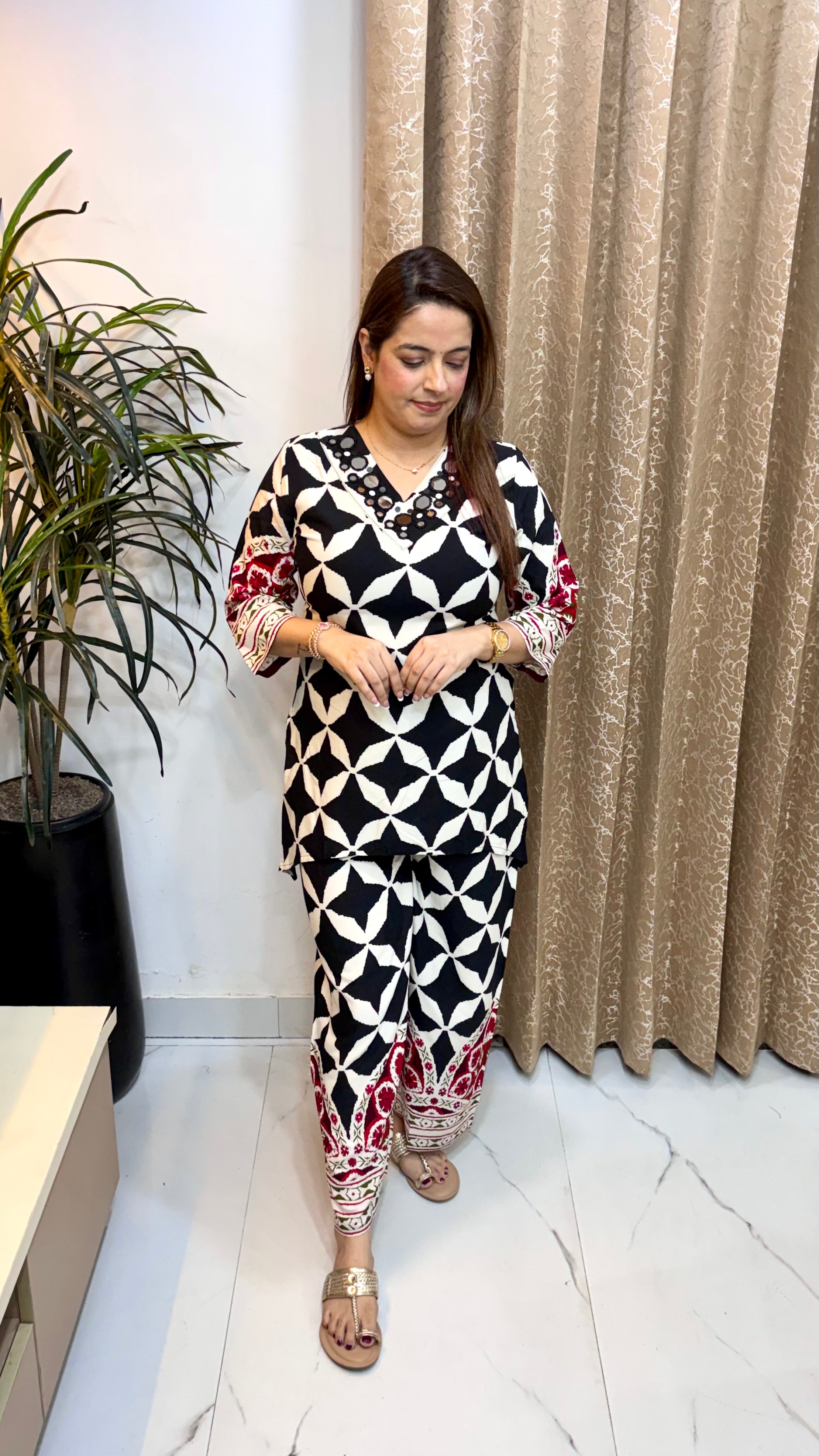 Pure Modal Co-ord Set with Real Mirror Work & Loose Printed Cotton Bottoms