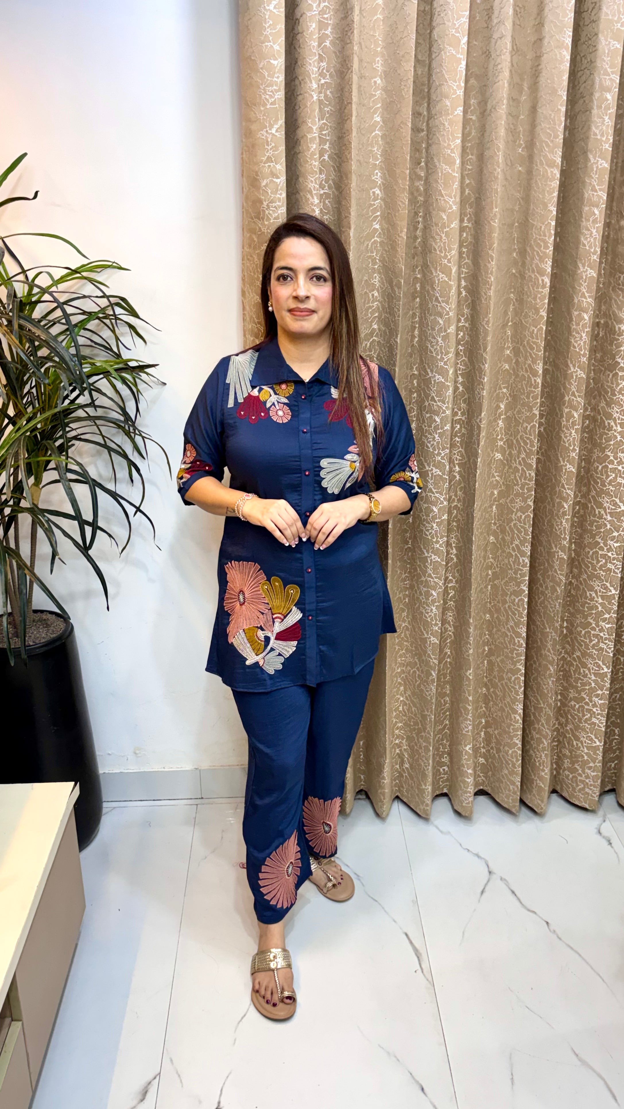 Pure Modal Shirt Collar Co-ord Set with Embroidery Work