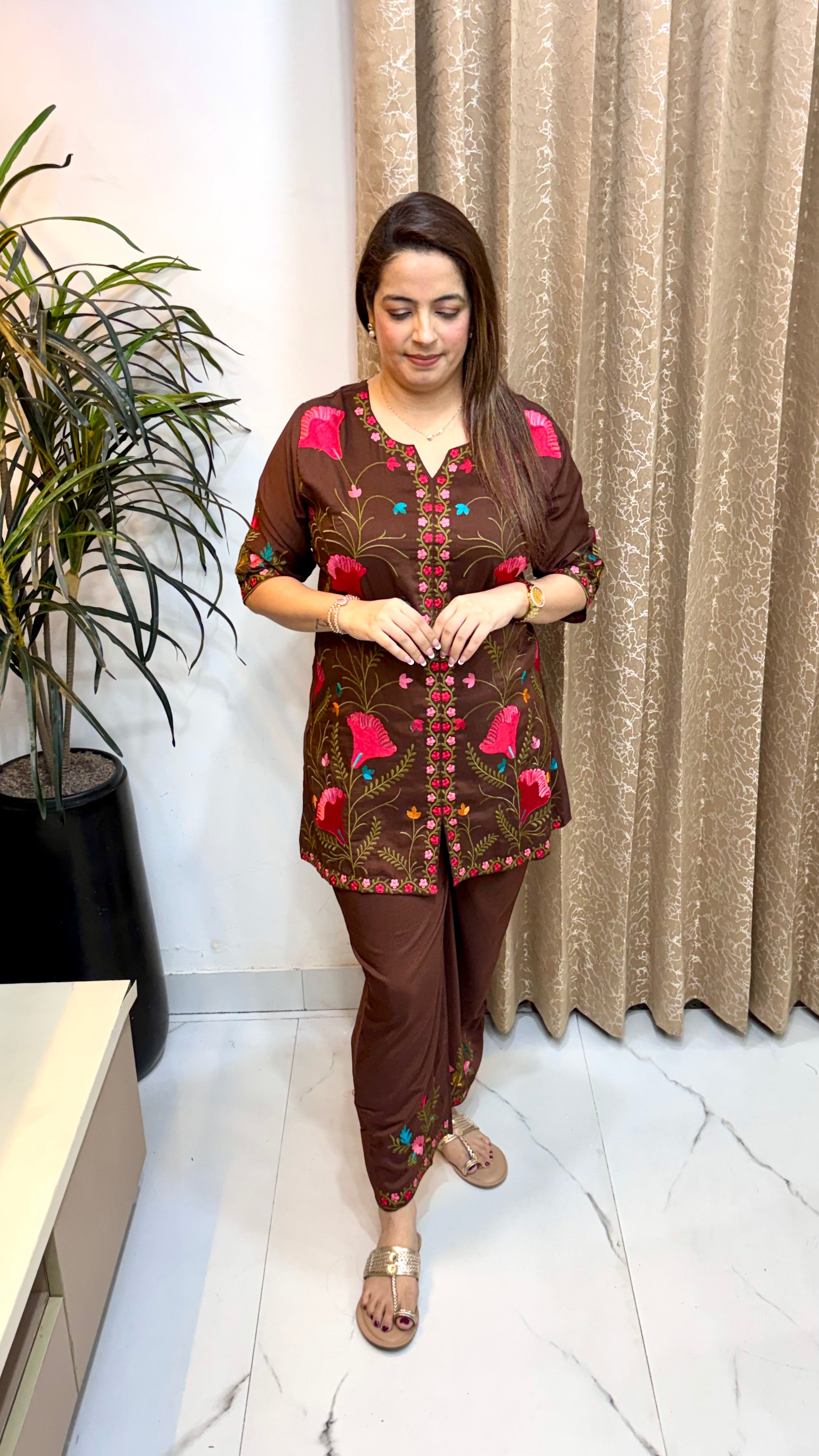 Pure Modal Kashmiri Kadhai Work Co-ord Set with Embroidered Bottoms