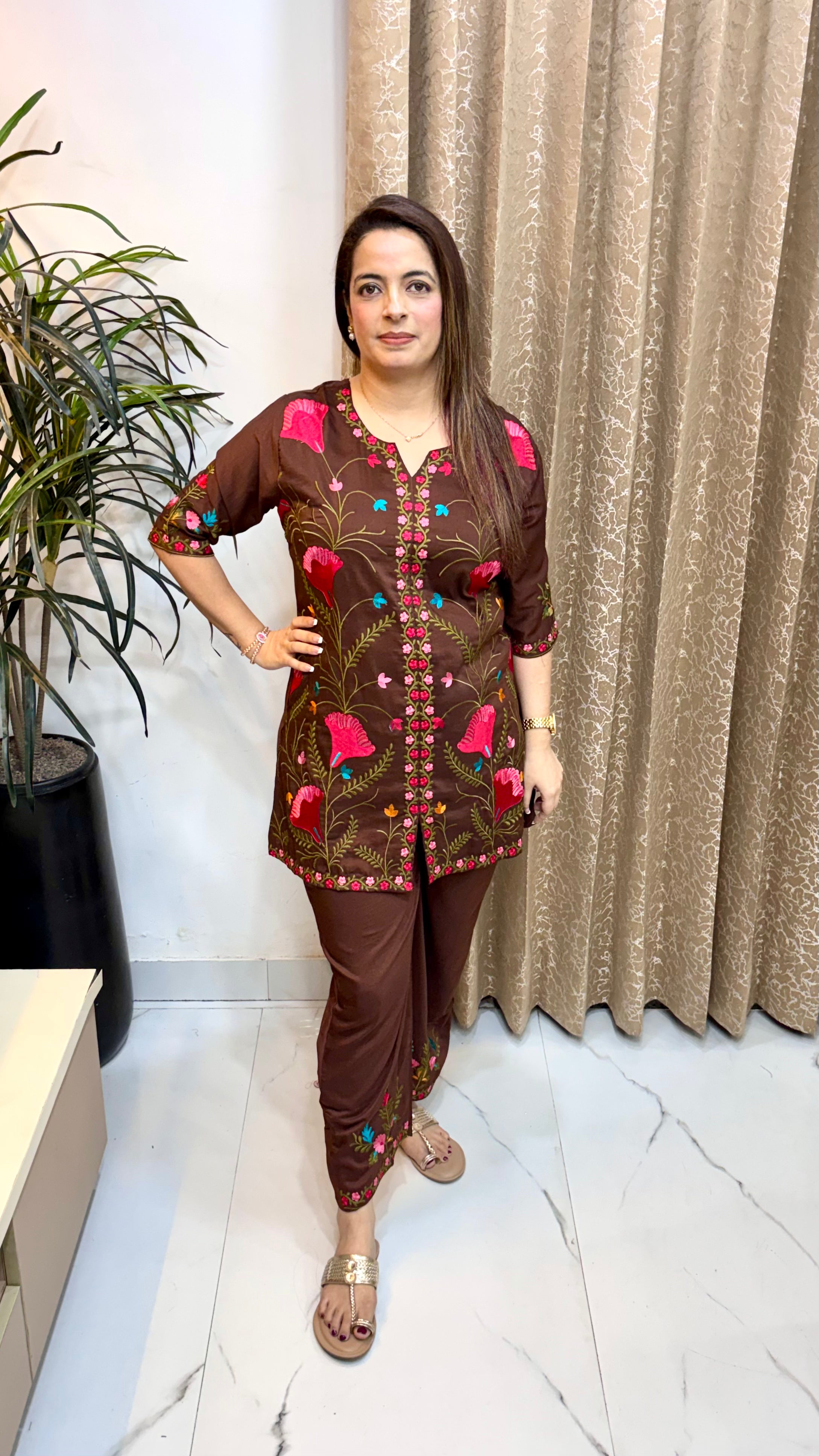 Pure Modal Kashmiri Kadhai Work Co-ord Set with Embroidered Bottoms