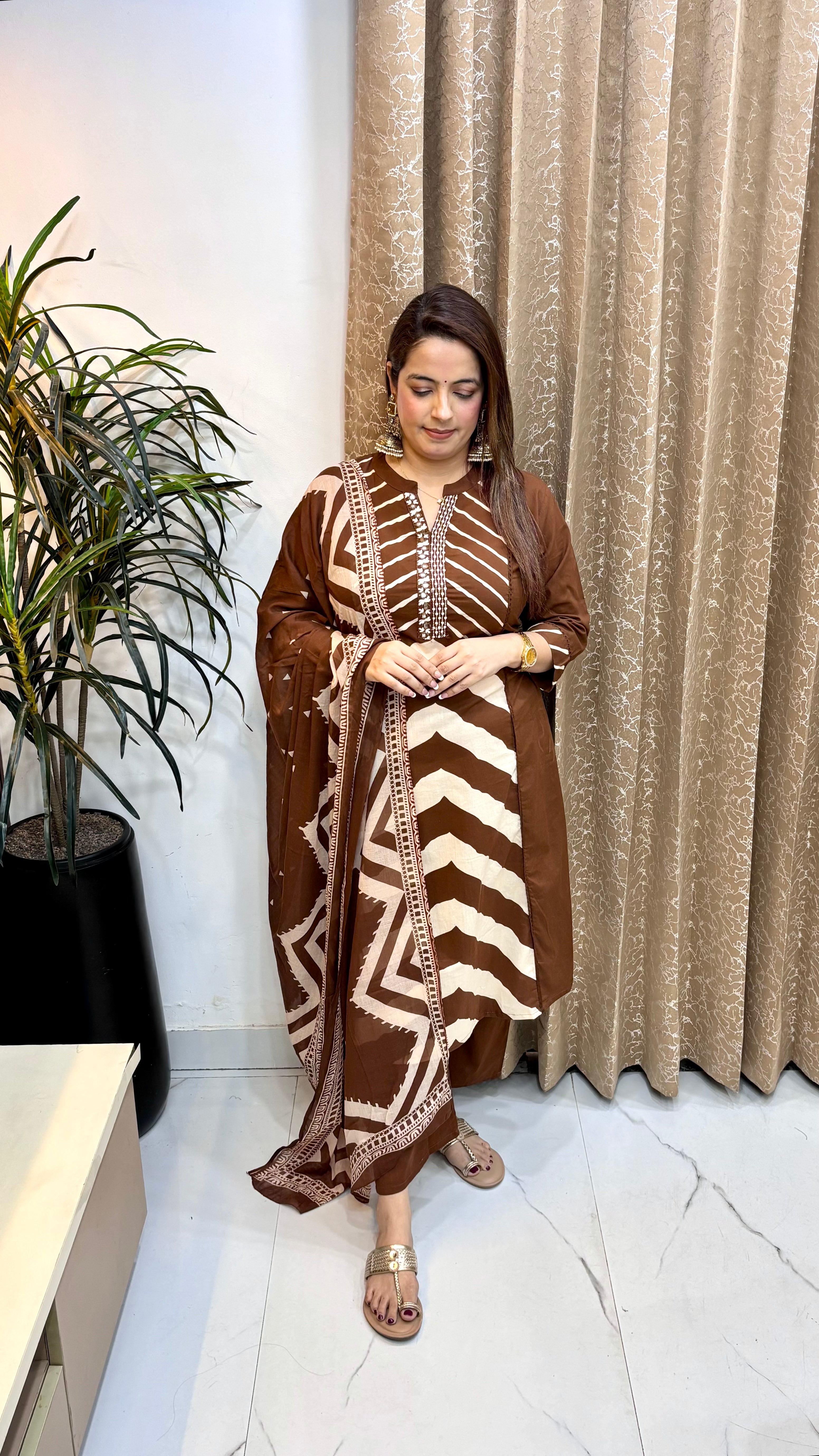 Pure Cotton Suit with Leheriya Center Panel, Embroidery, Pocket & Mulmul Dupatta