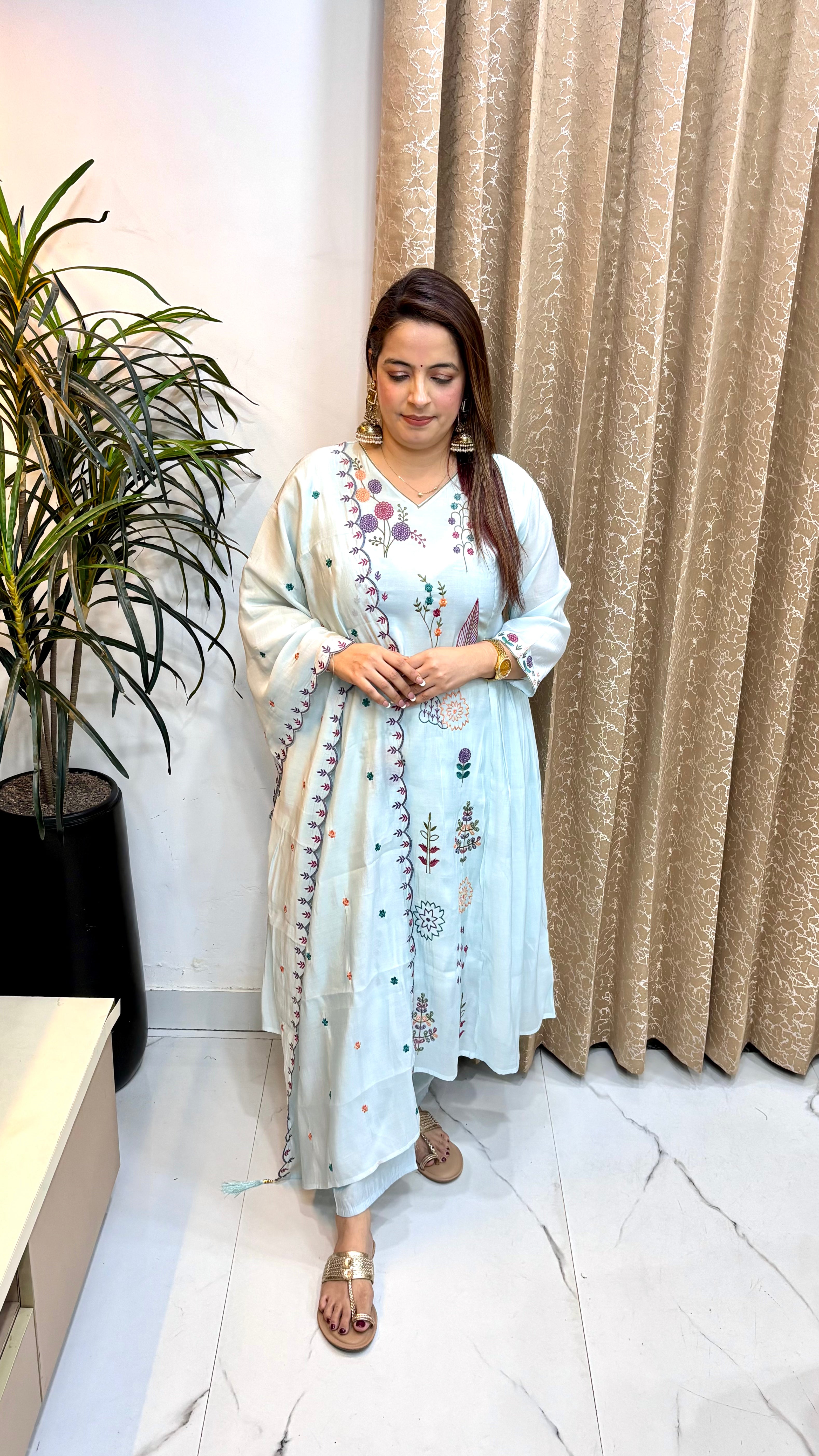 Mul Chanderi Suit with Side Panel Gathers, Cutwork & Embroidered Dupatta