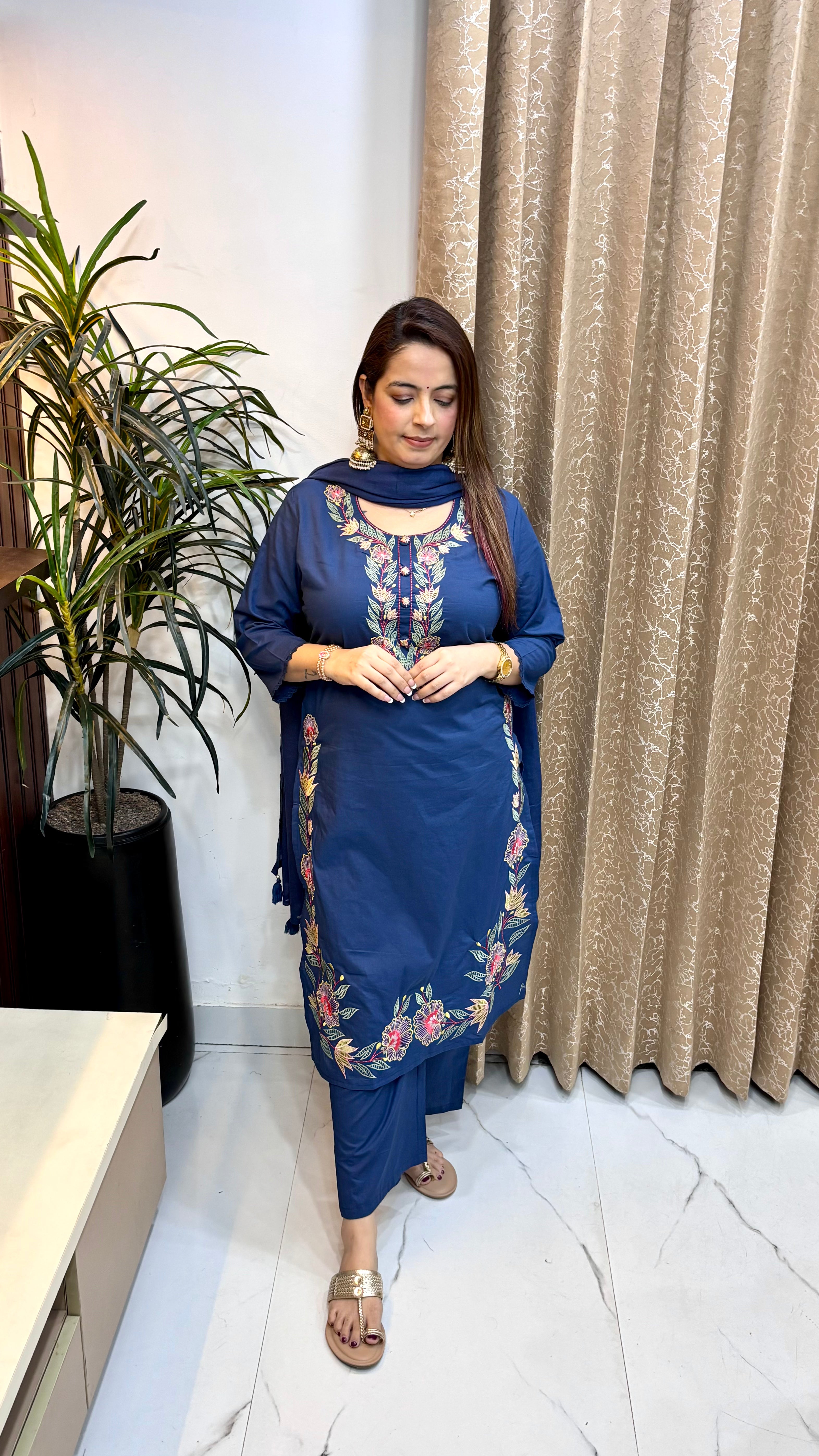 Pure Cotton Embroidered Suit with Mulmul Cotton Dupatta & Pocket Pants