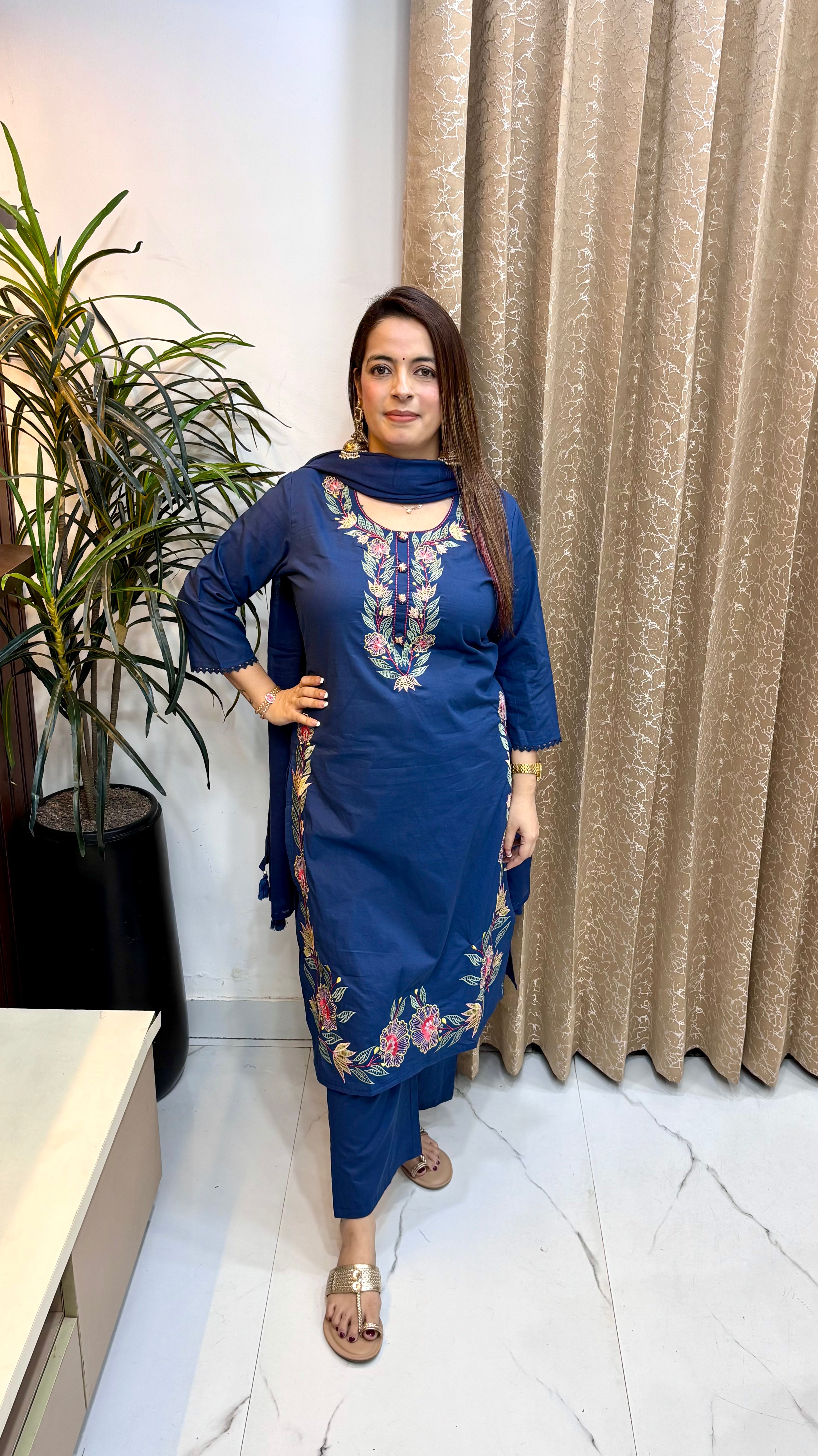 Pure Cotton Embroidered Suit with Mulmul Cotton Dupatta & Pocket Pants