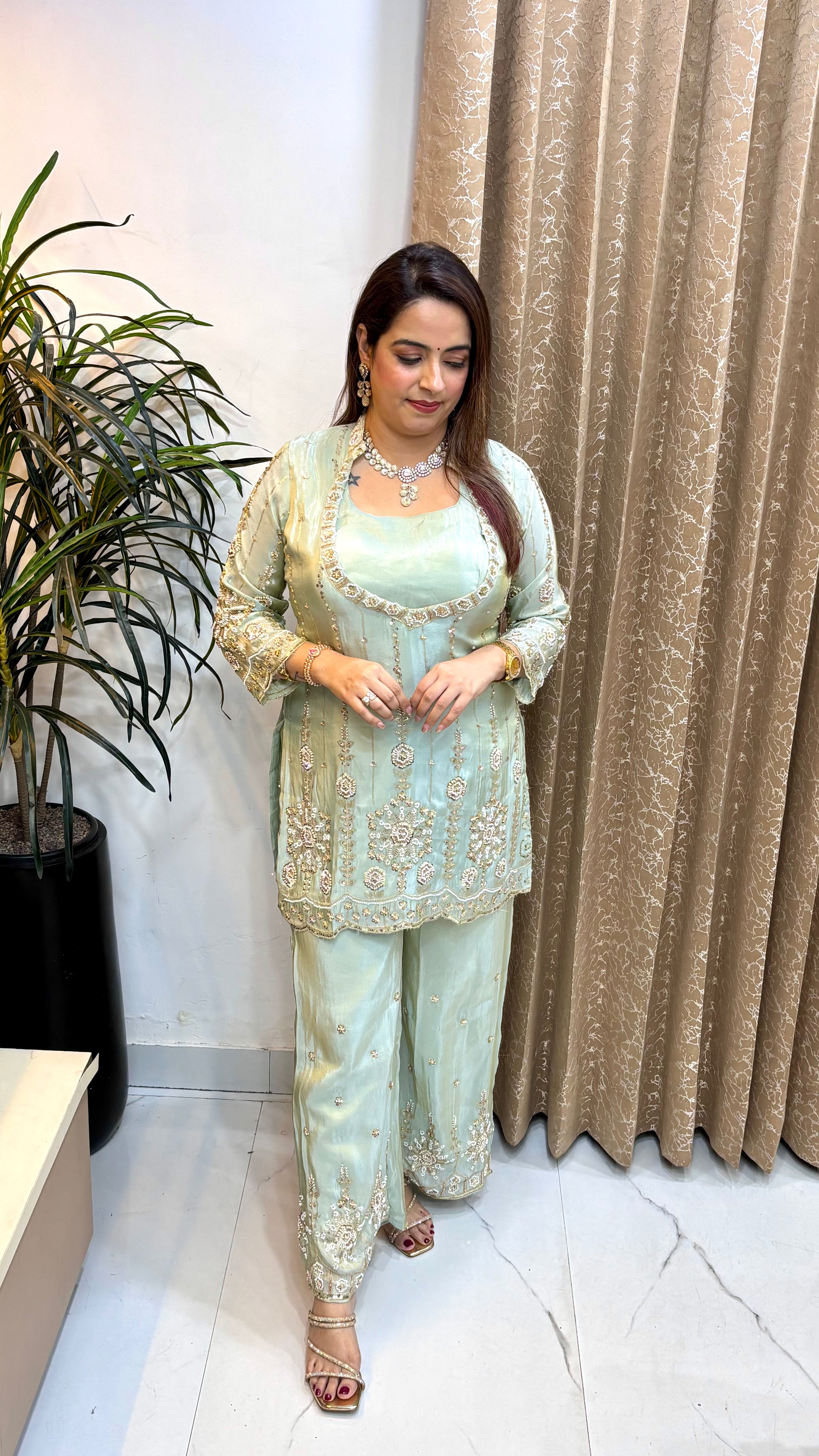 Organza Shimmer Suit with Cutdana, Beads & Sequin Work