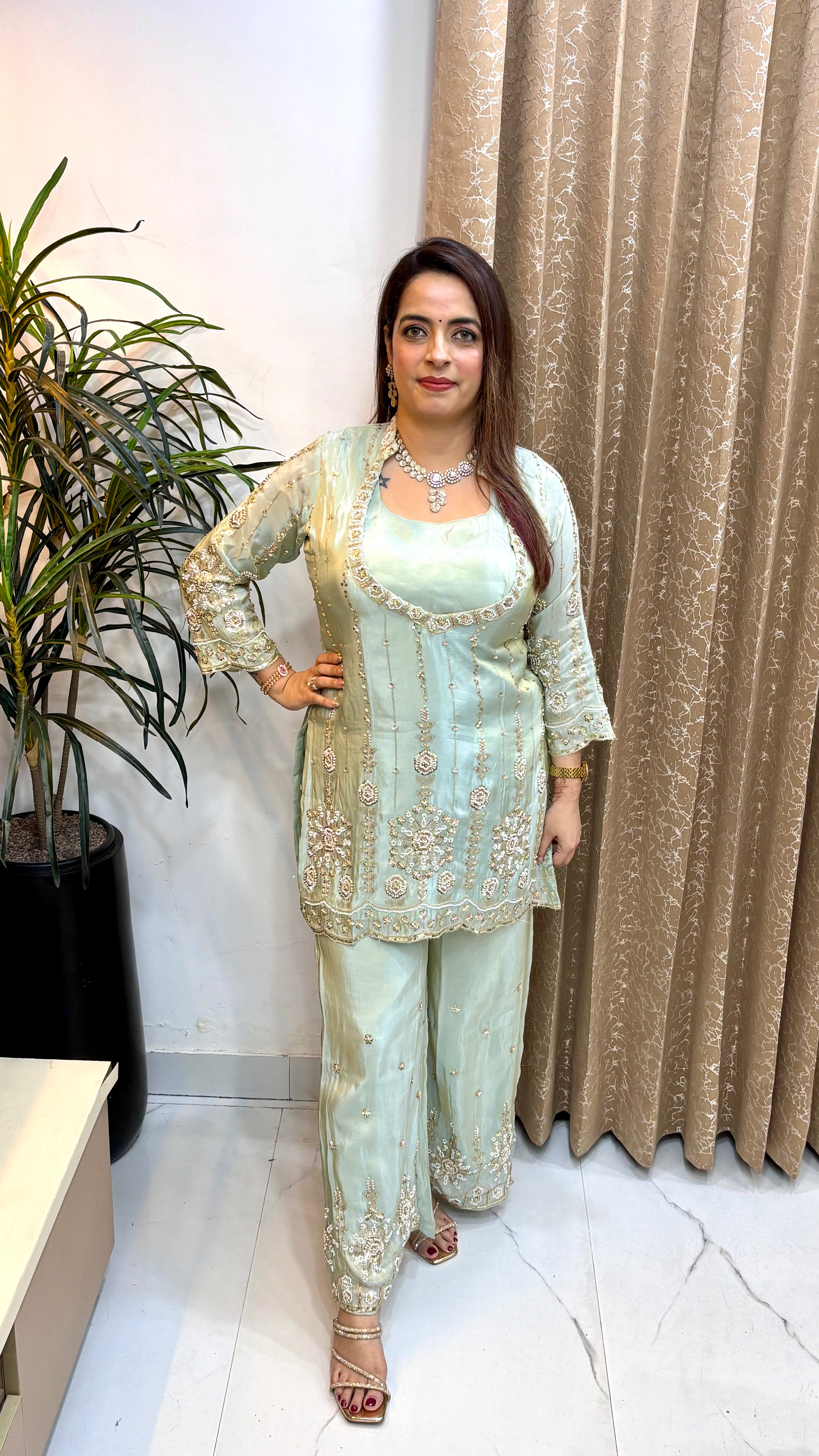 Organza Shimmer Suit with Cutdana, Beads & Sequin Work