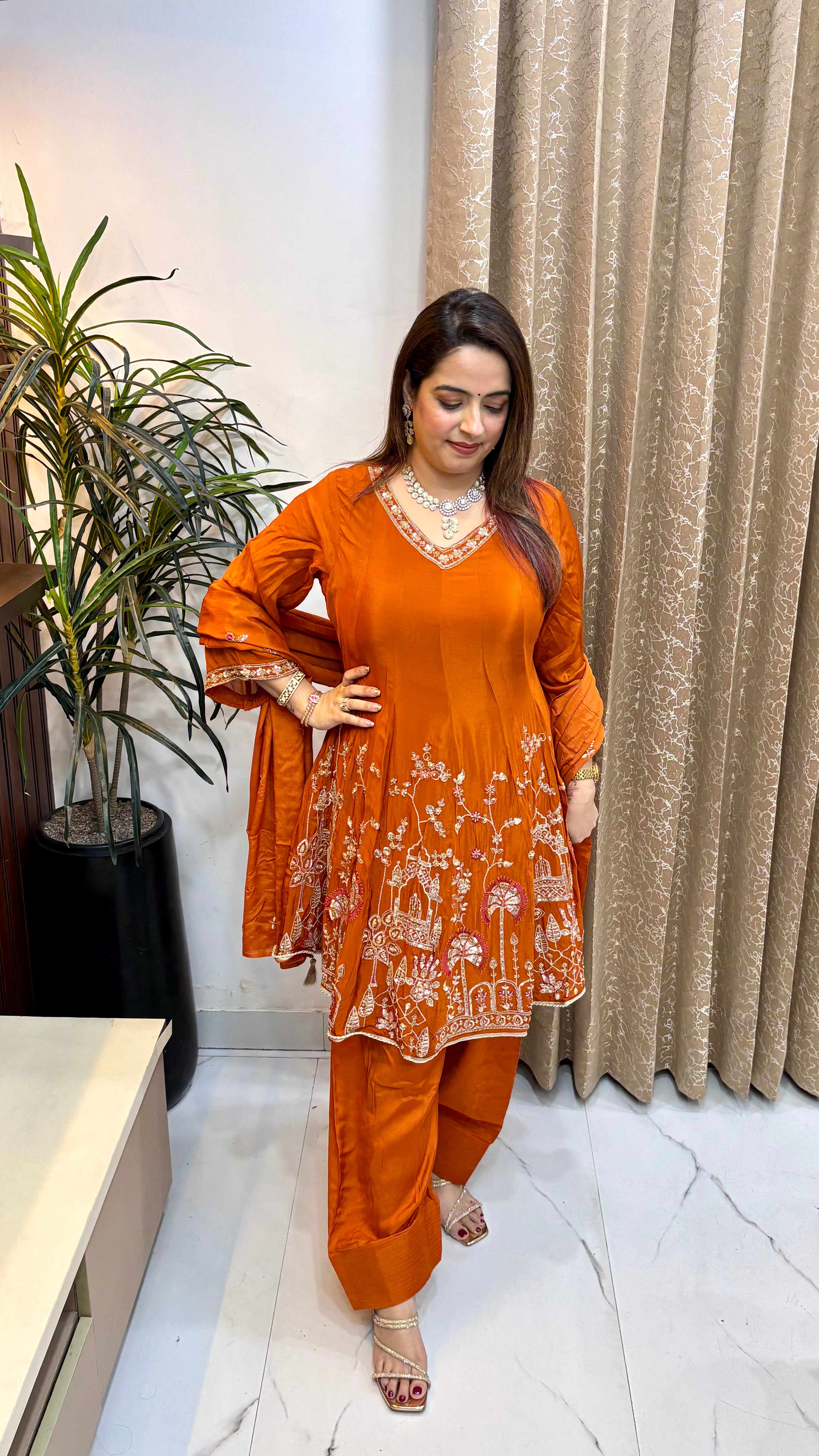 Pure Chinon Anarkali Suit with Heavy Gota, Zardozi, Cutwork & Viral Farshi Salwar