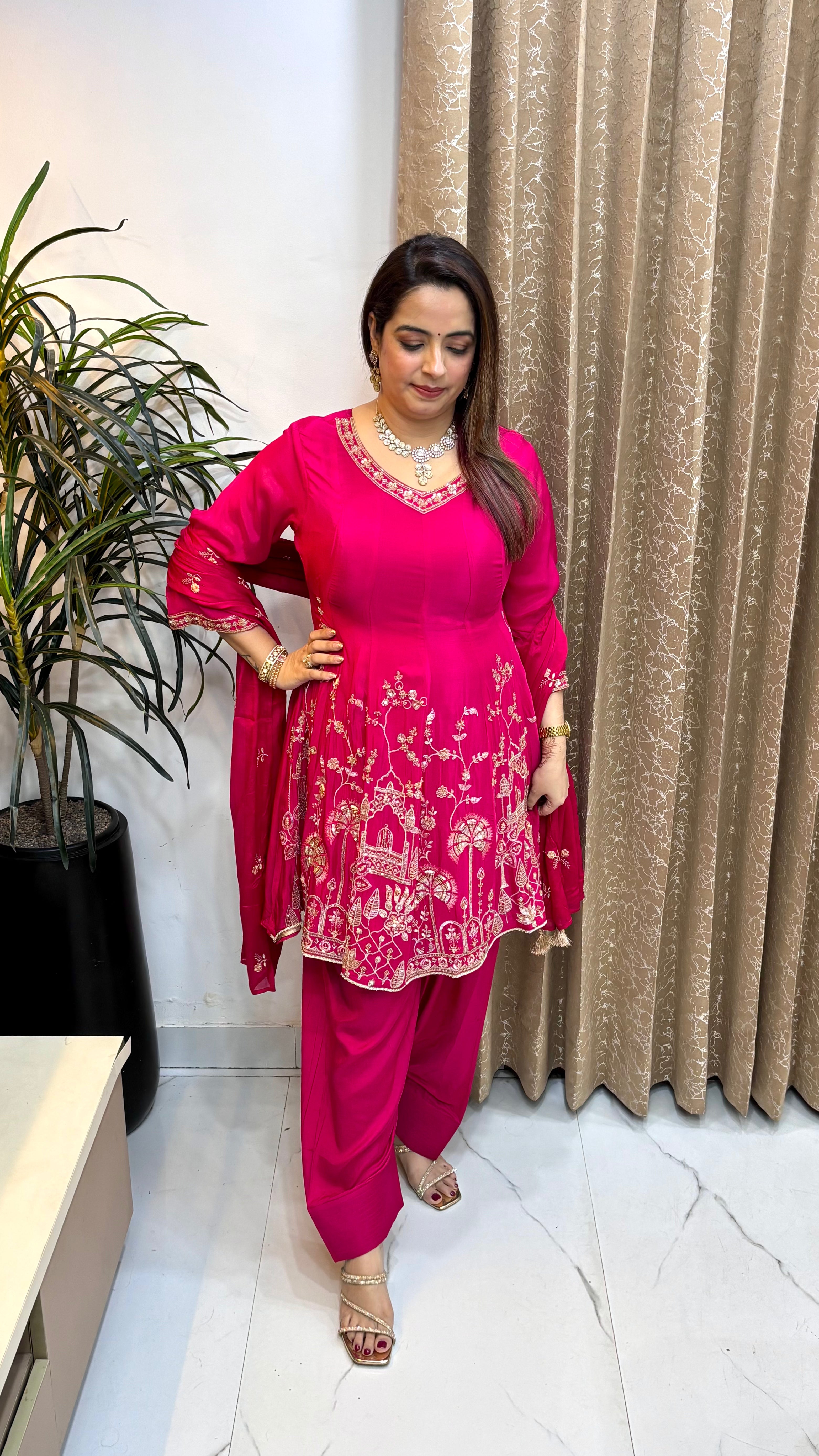 Pure Chinon Anarkali Suit with Heavy Gota, Zardozi, Cutwork & Viral Farshi Salwar