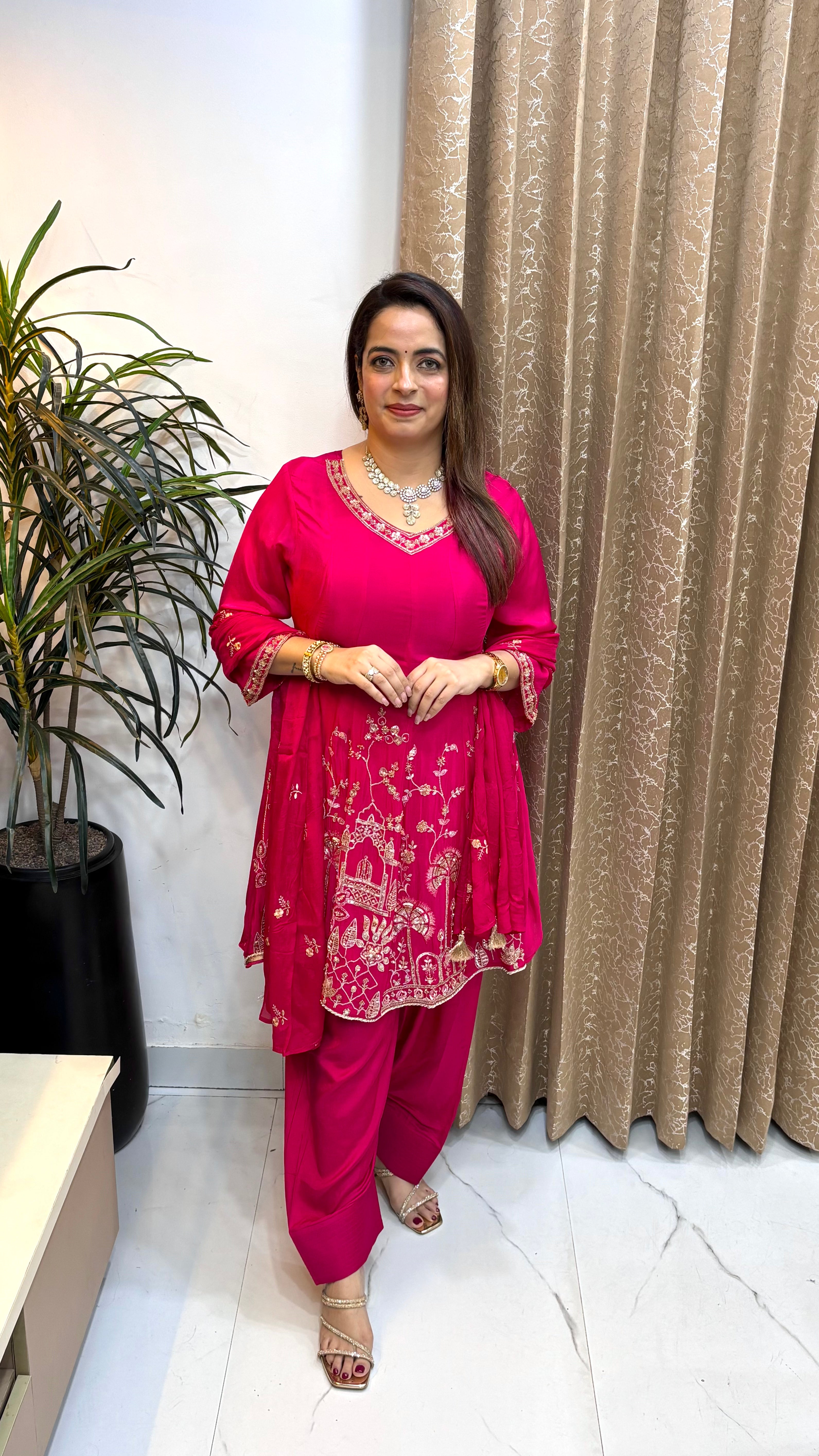Pure Chinon Anarkali Suit with Heavy Gota, Zardozi, Cutwork & Viral Farshi Salwar