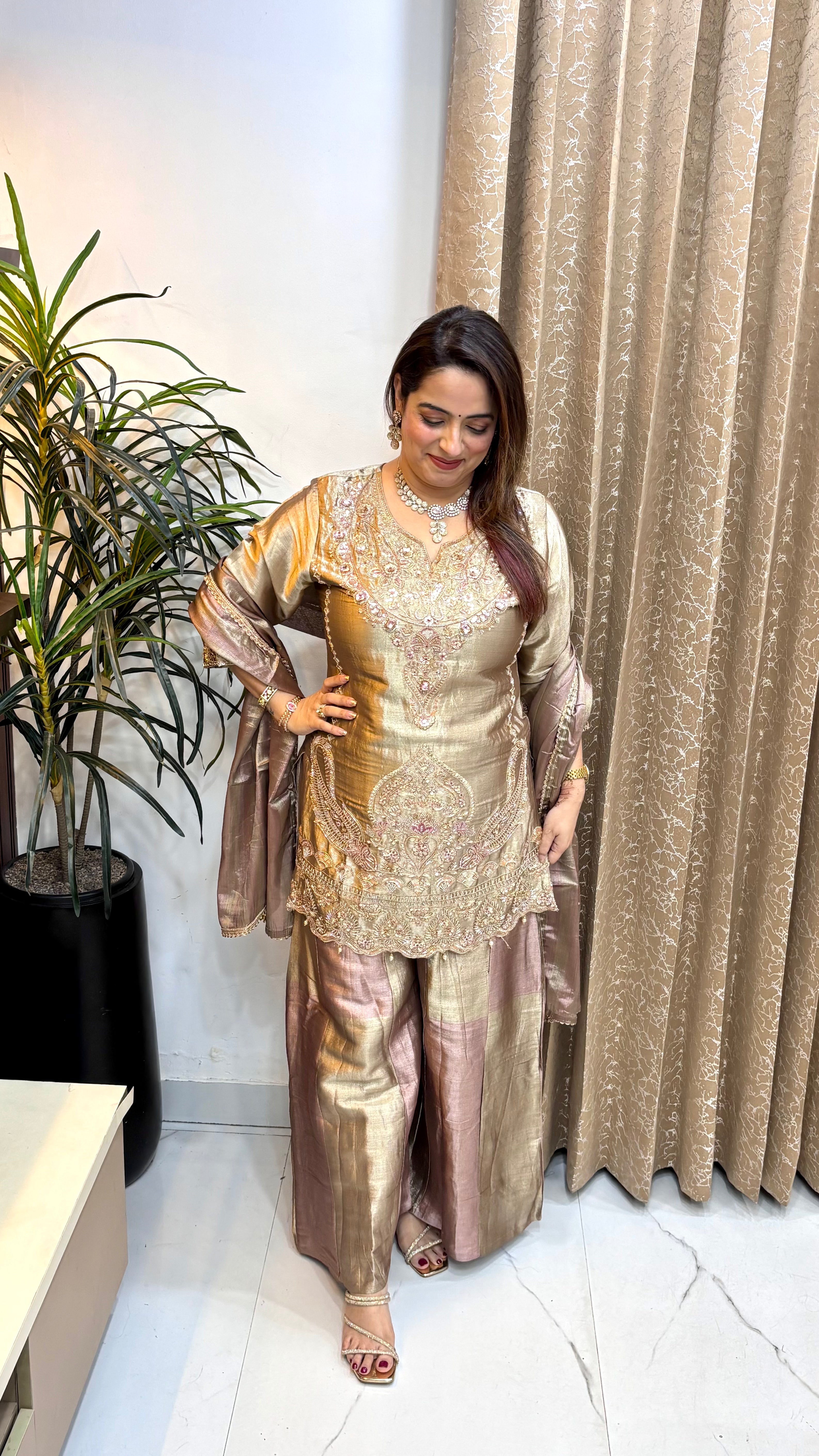 Tussar Silk Suit with Sequins, Korean Stone Work & Gota Striped Dupatta
