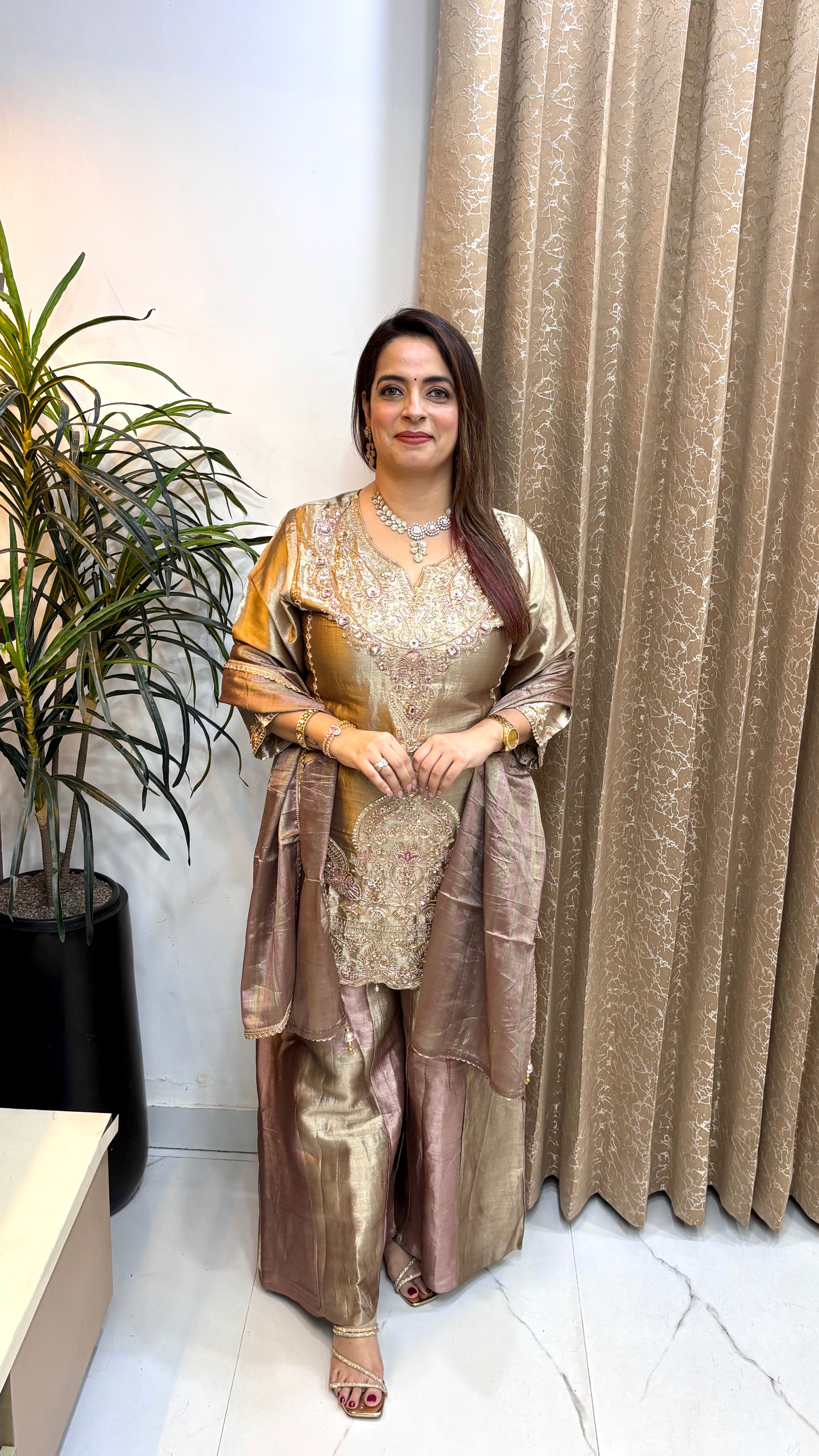 Tussar Silk Suit with Sequins, Korean Stone Work & Gota Striped Dupatta
