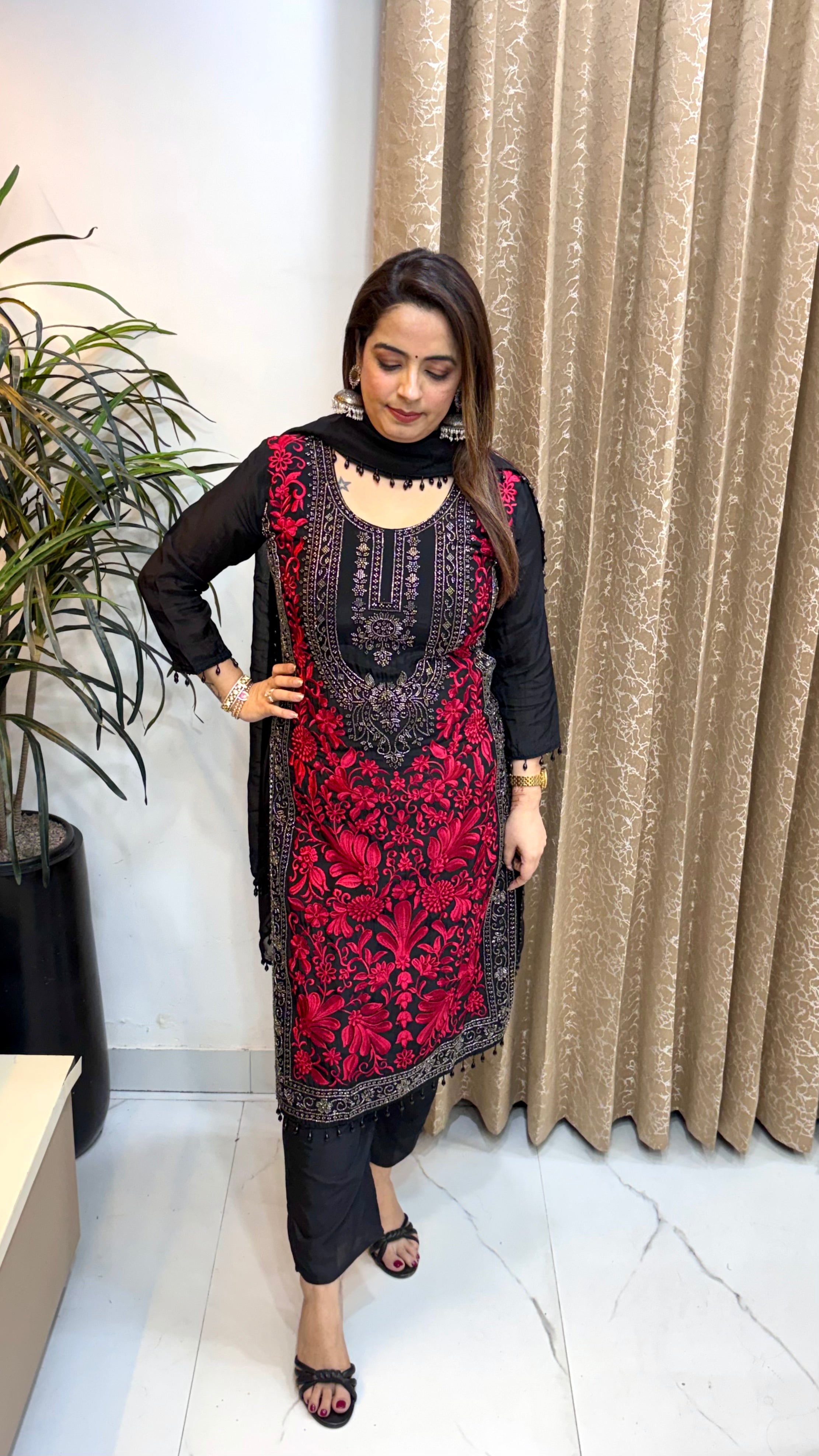 Pure Crepe Pakistani Style Suit with Cutdana, Resham Threadwork & Tassel Borders