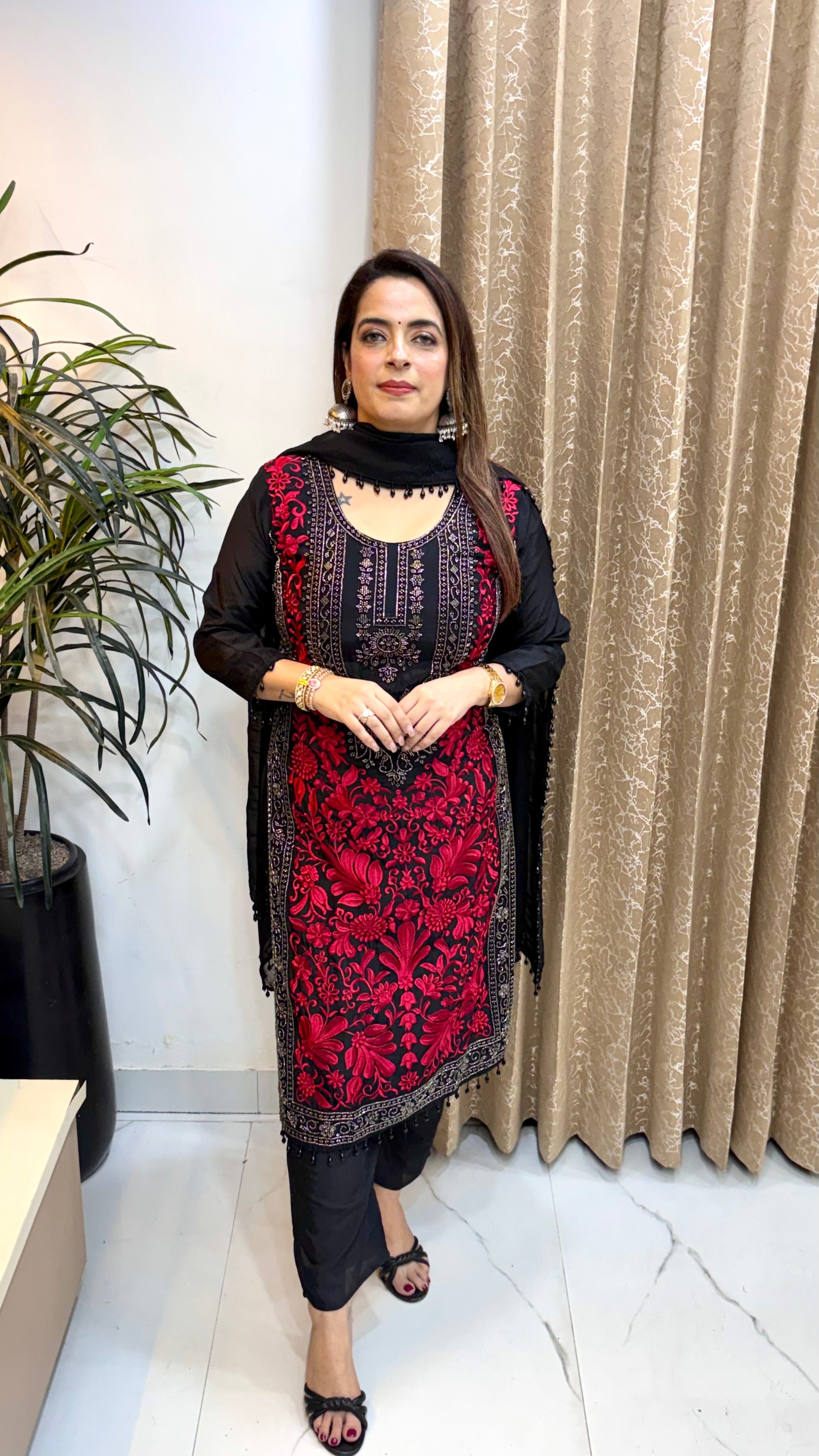 Pure Crepe Pakistani Style Suit with Cutdana, Resham Threadwork & Tassel Borders