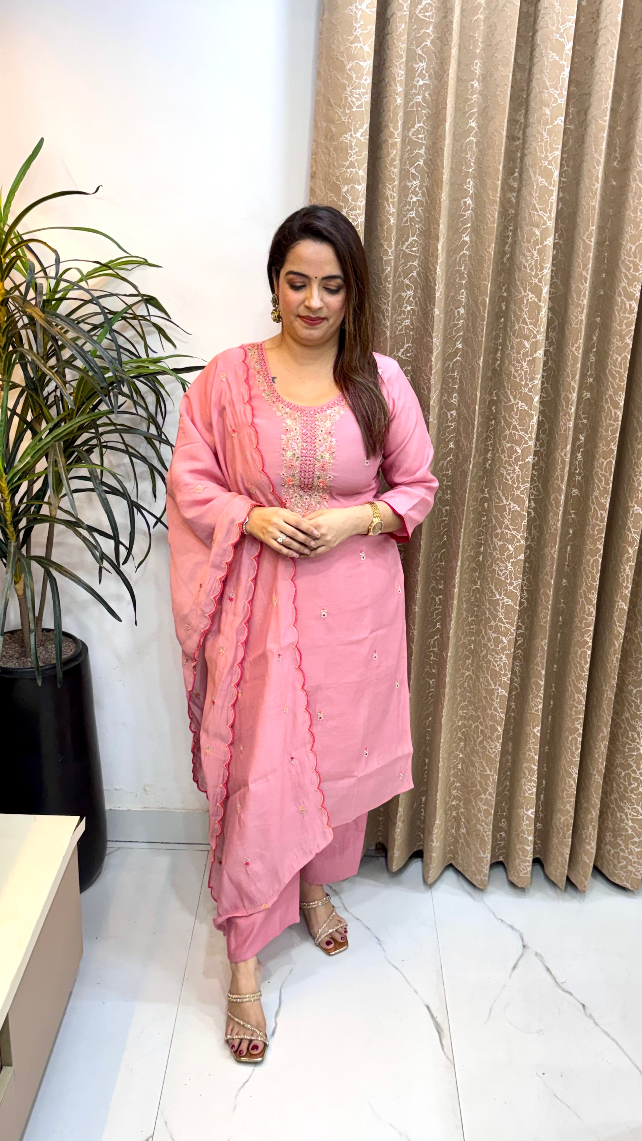 Mul Chanderi Suit with Pearl, Zardozi & Thread Work with Cutwork Dupatta