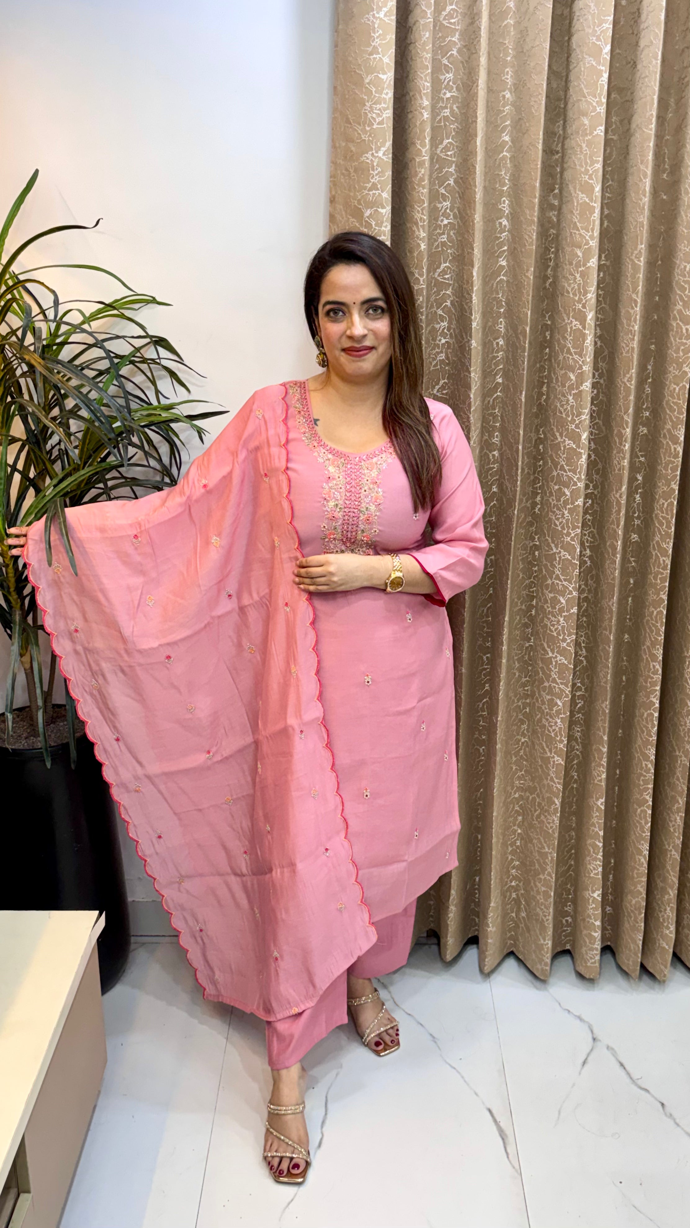 Mul Chanderi Suit with Pearl, Zardozi & Thread Work with Cutwork Dupatta