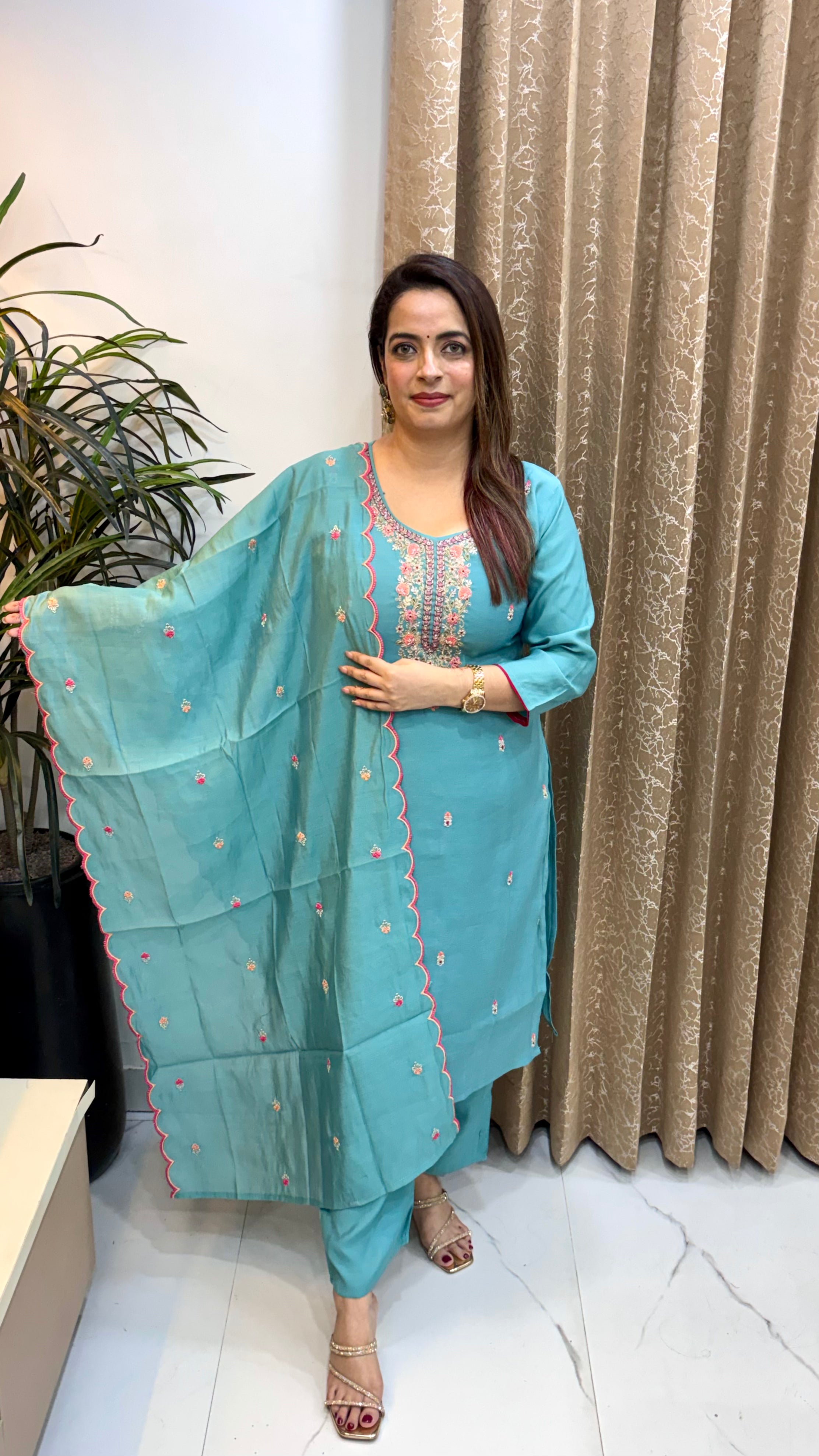 Mul Chanderi Suit with Pearl, Zardozi & Thread Work with Cutwork Dupatta