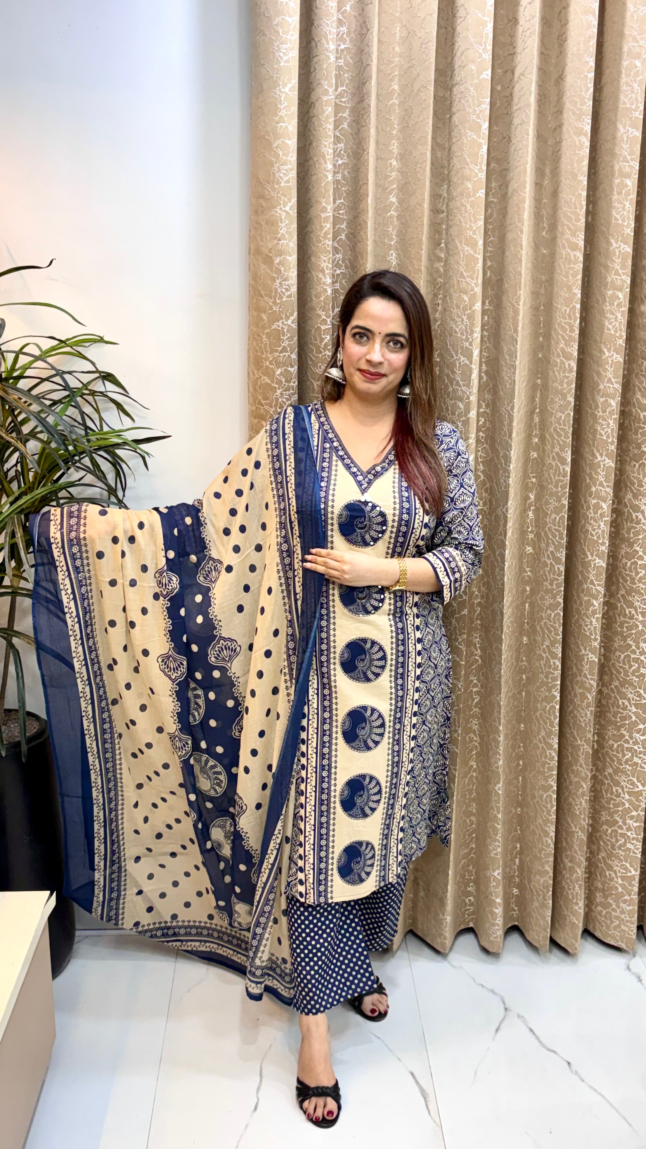 Pure Cotton Kalamkari Printed Suit with Real Mirror & Kaudi Work