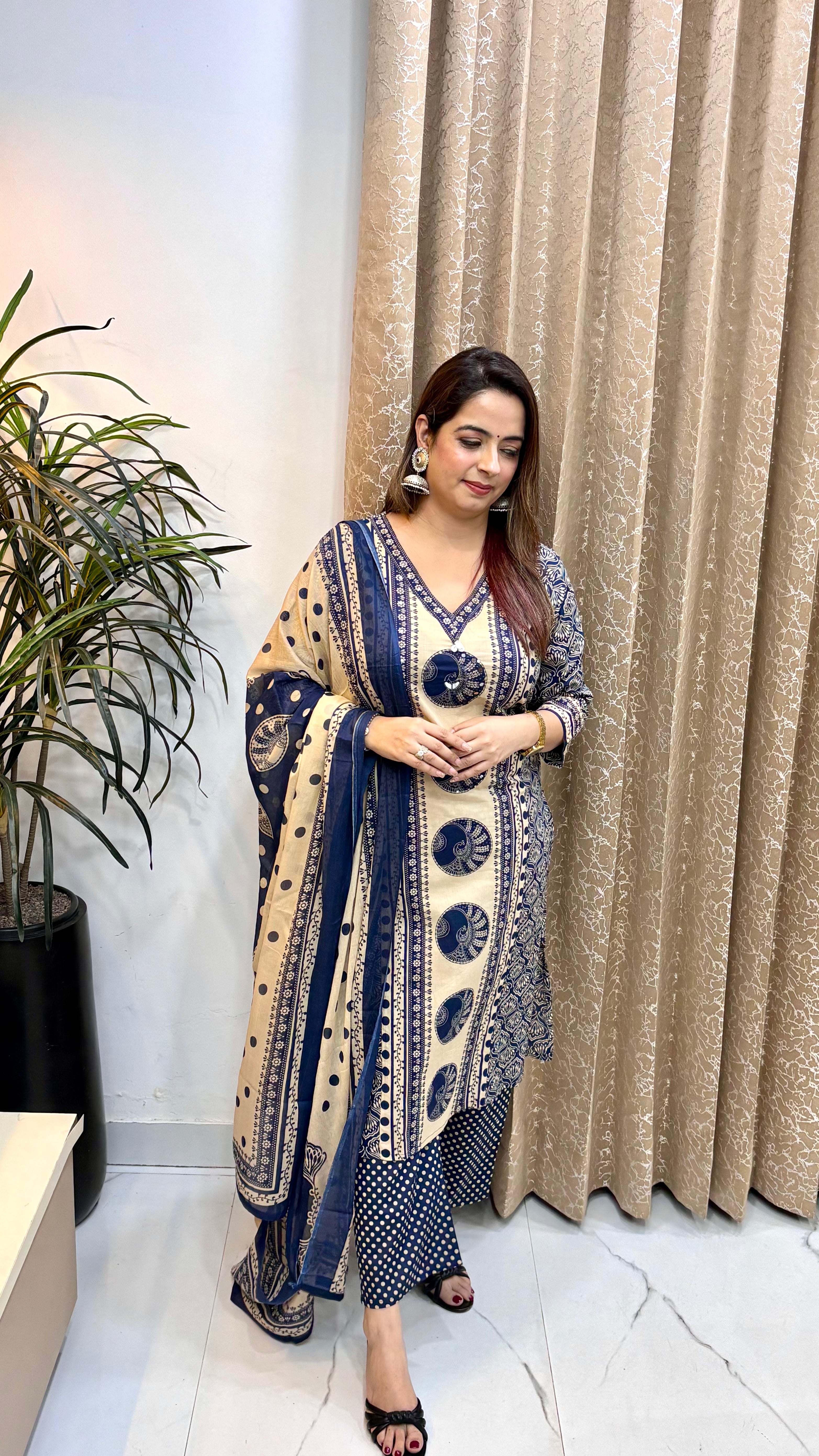 Pure Cotton Kalamkari Printed Suit with Real Mirror & Kaudi Work