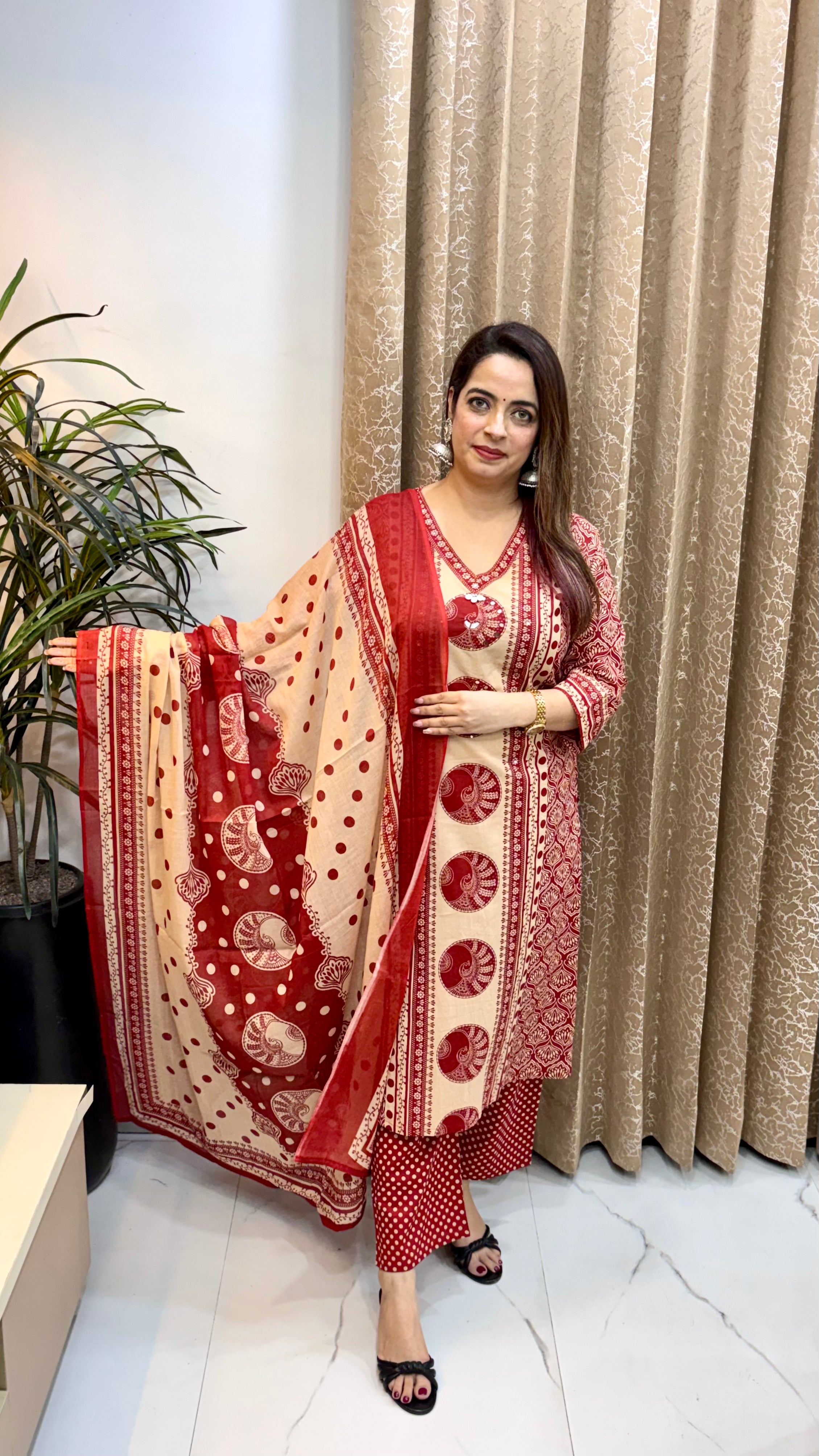 Pure Cotton Kalamkari Printed Suit with Real Mirror & Kaudi Work