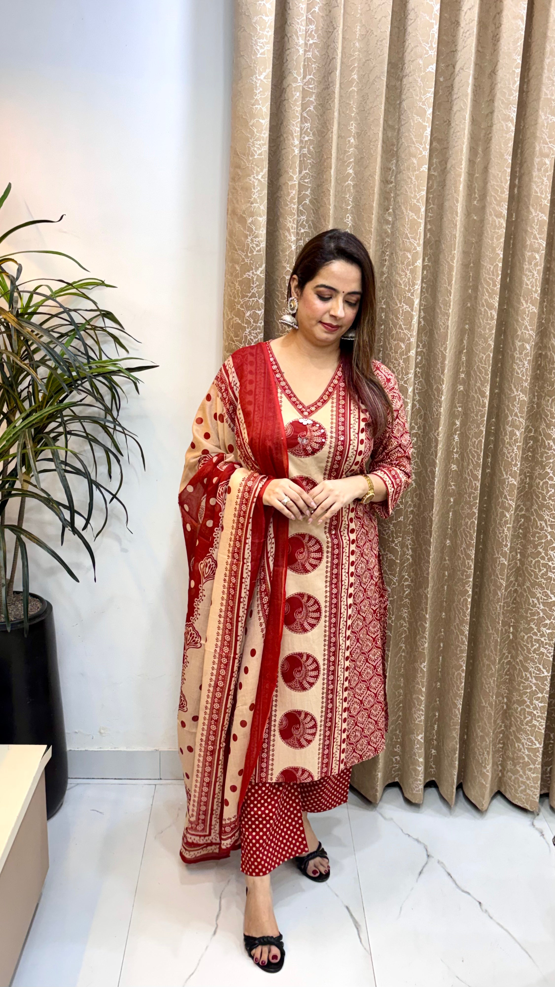 Pure Cotton Kalamkari Printed Suit with Real Mirror & Kaudi Work