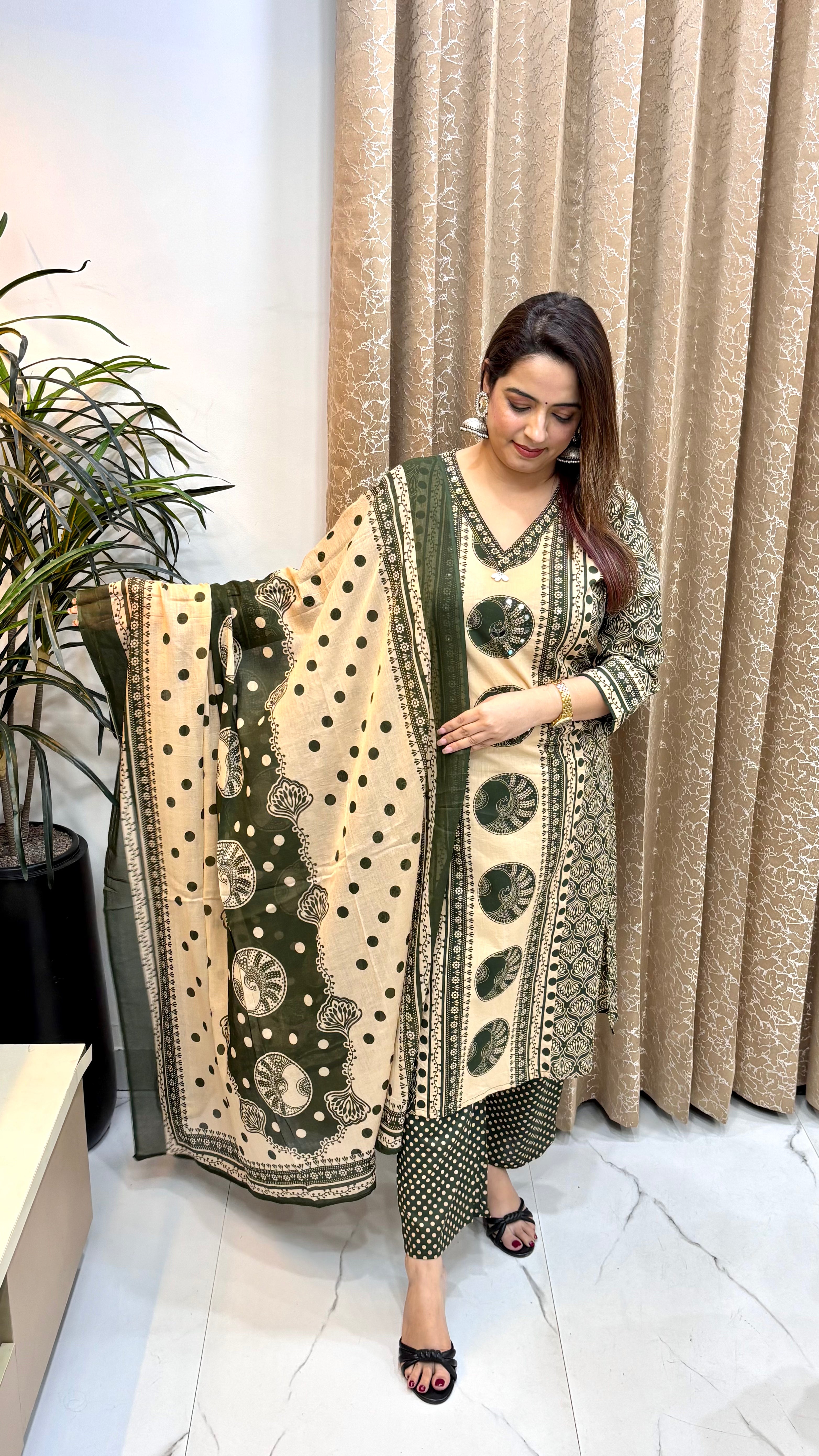 Pure Cotton Kalamkari Printed Suit with Real Mirror & Kaudi Work