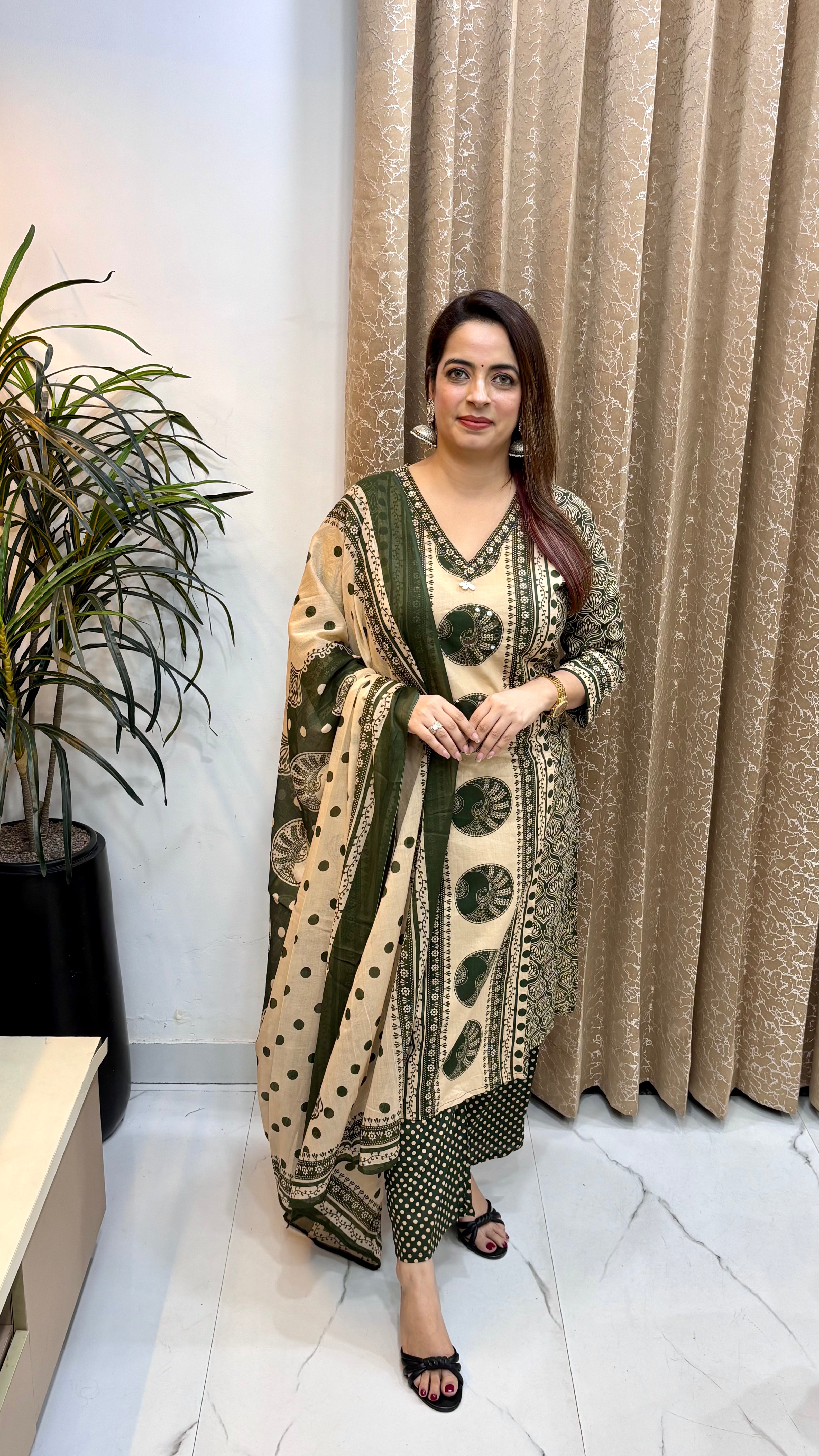 Pure Cotton Kalamkari Printed Suit with Real Mirror & Kaudi Work