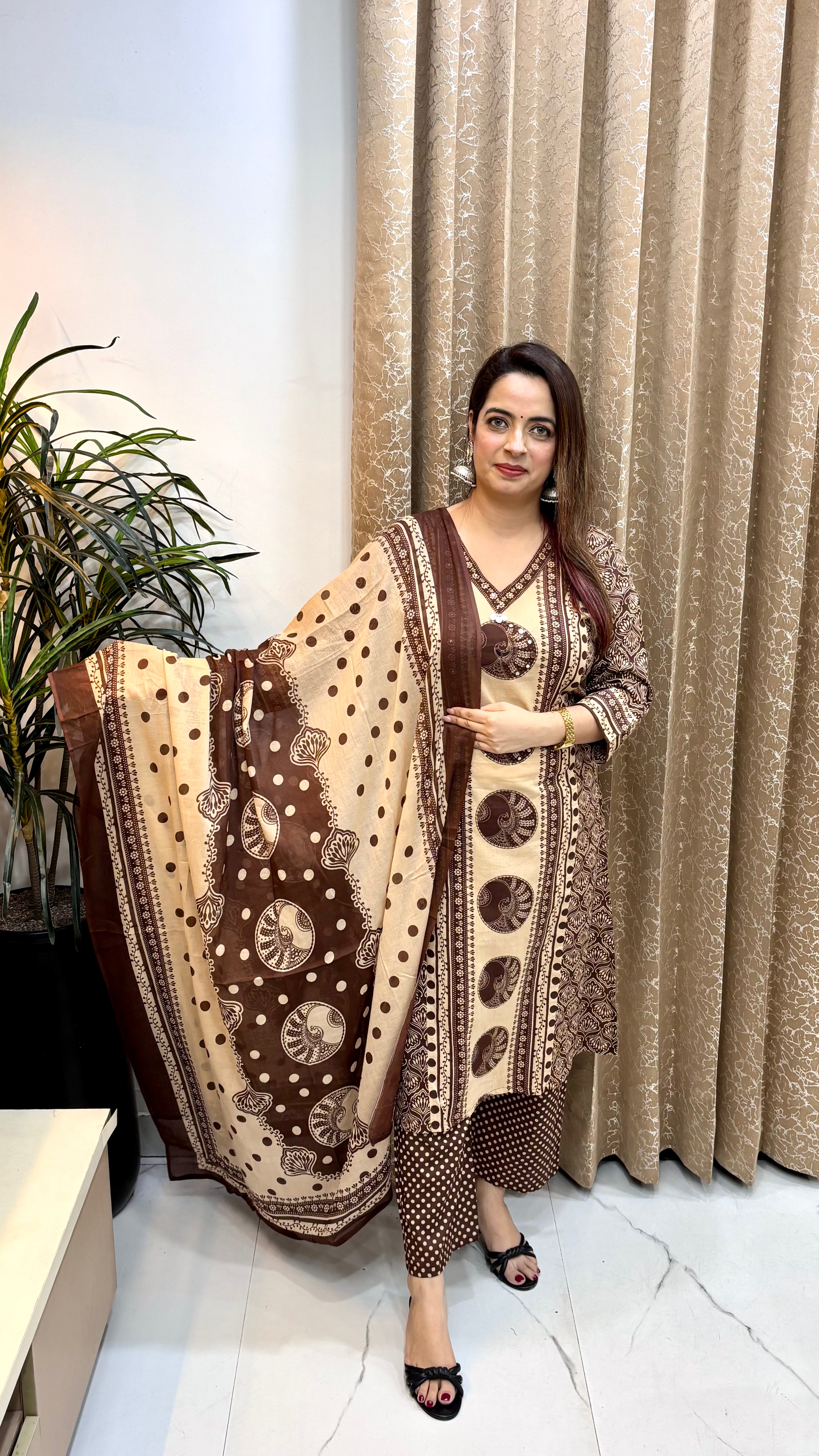 Pure Cotton Kalamkari Printed Suit with Real Mirror & Kaudi Work